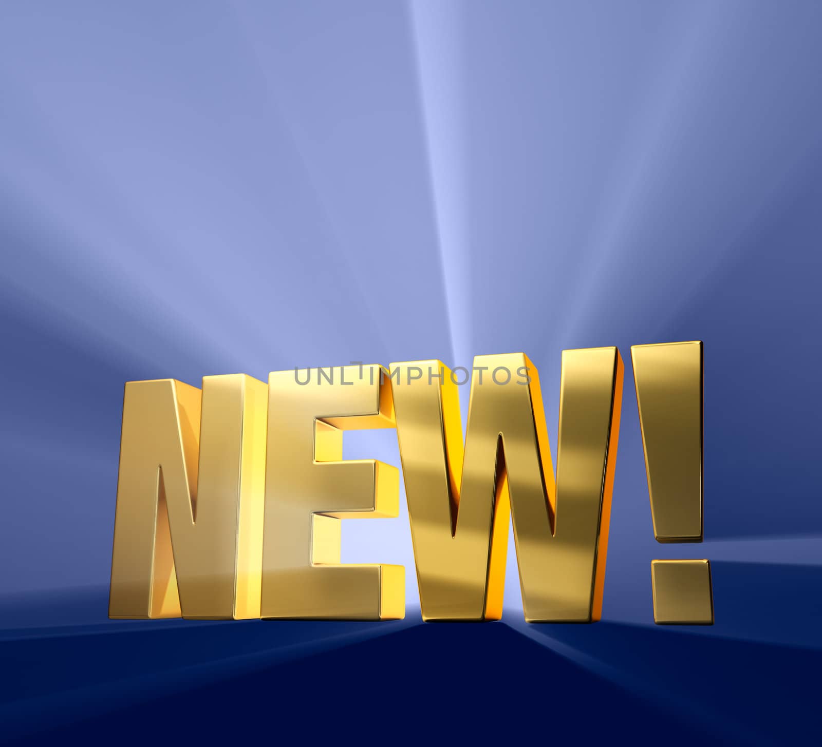 Gold "NEW!" on a dark blue background brilliantly backlight with light rays shining through.