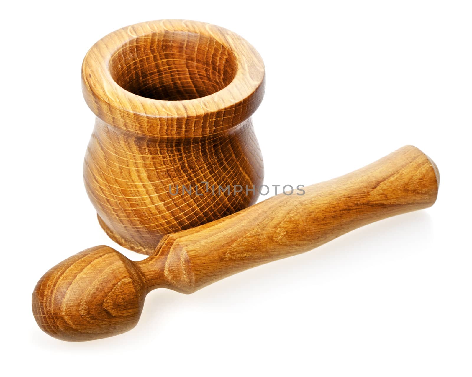 wooden pestle and mortar isolated on white