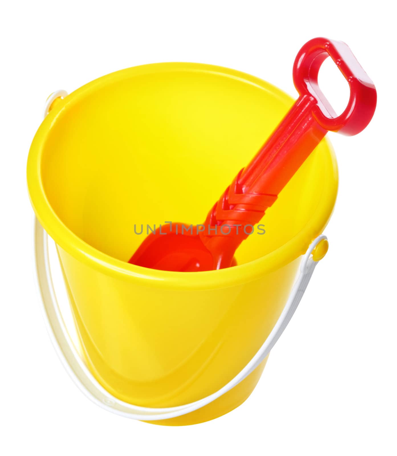 yellow toy bucket and red scoop, isolated on white