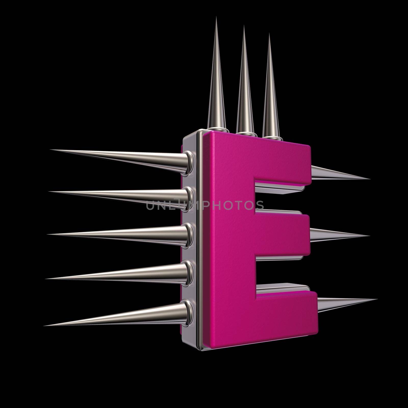 letter e with metal prickles on black background - 3d illustration