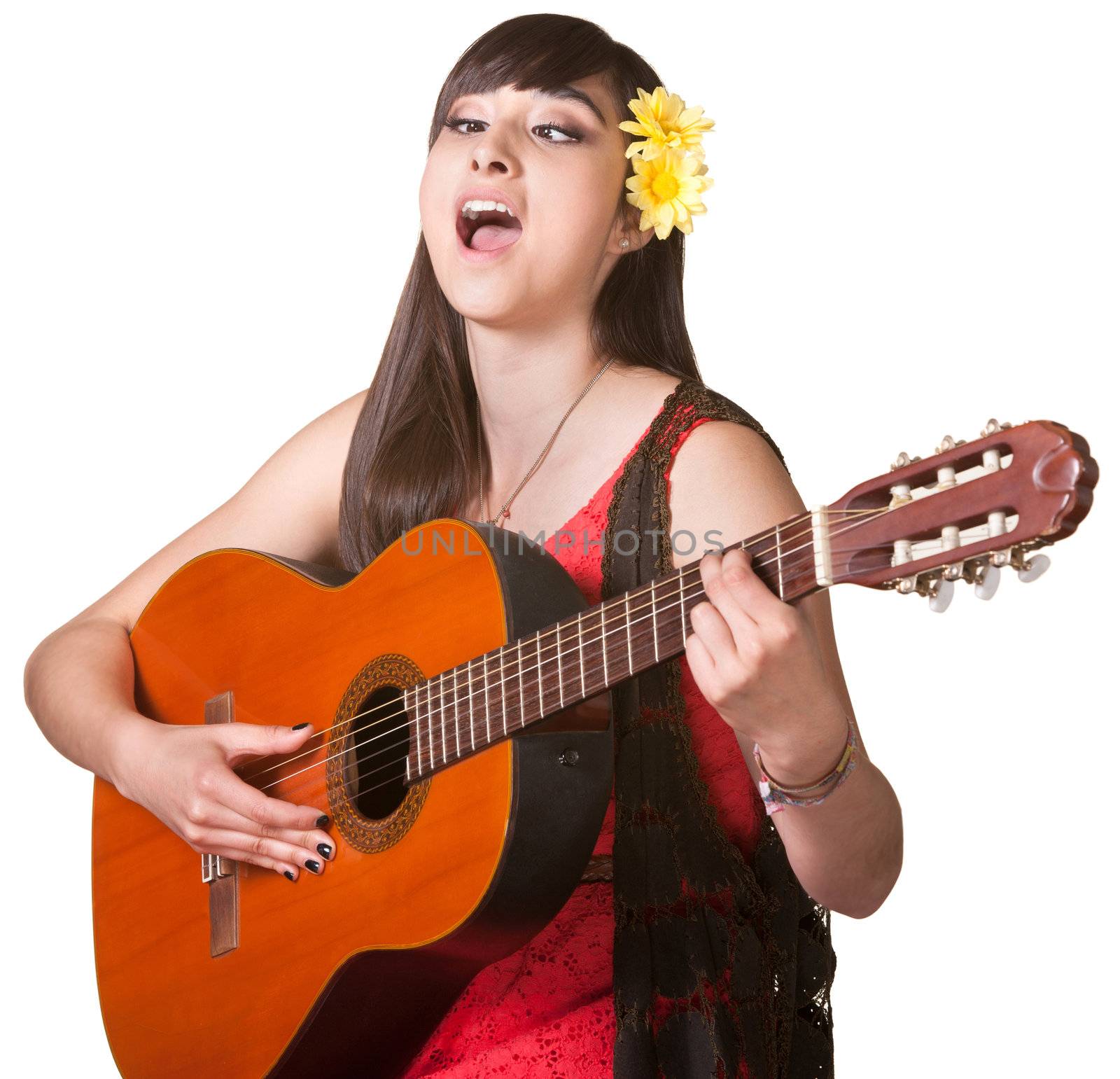 Young woman with cross eyes playing guitar and singing