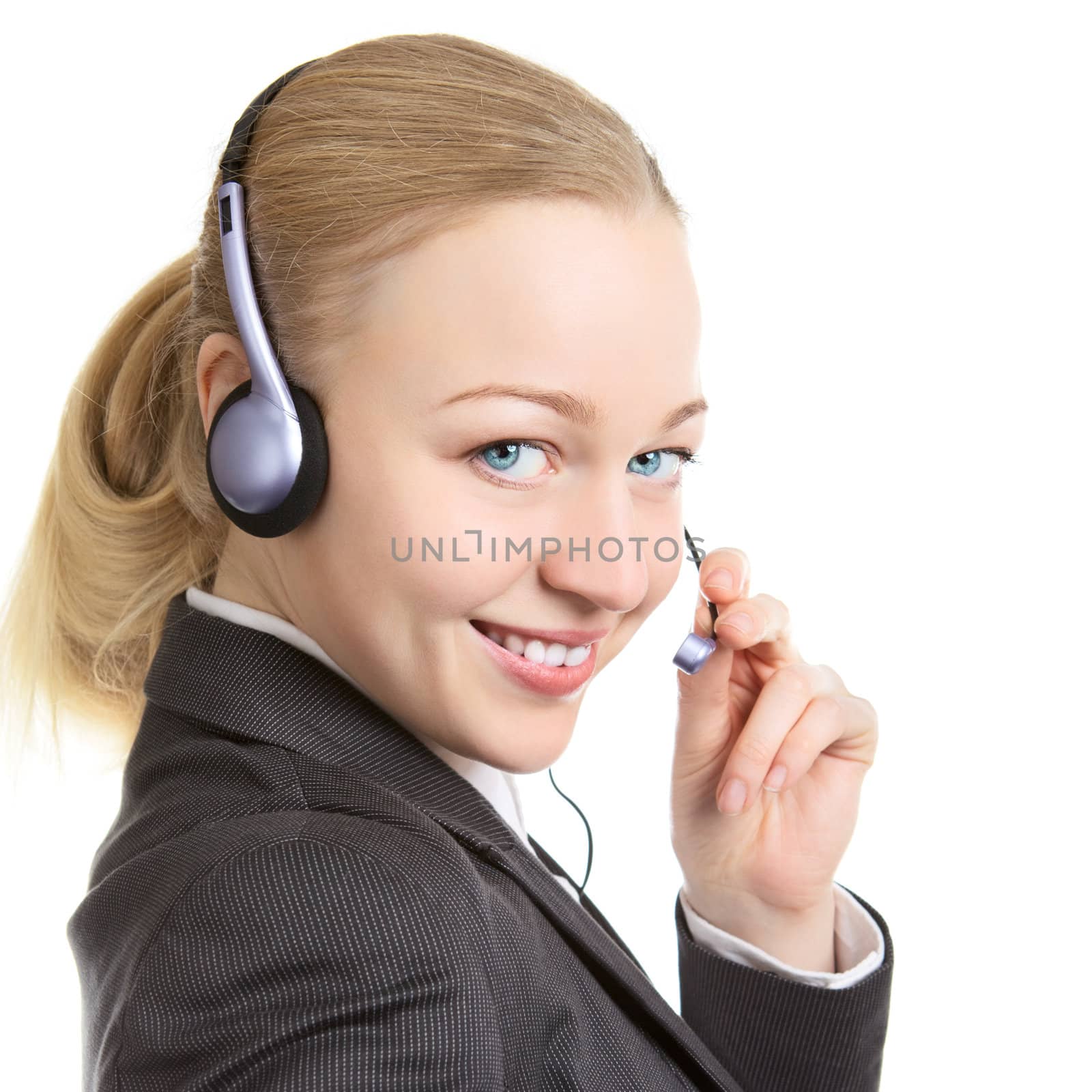 businesswoman talking with clients on headset, isolated on white