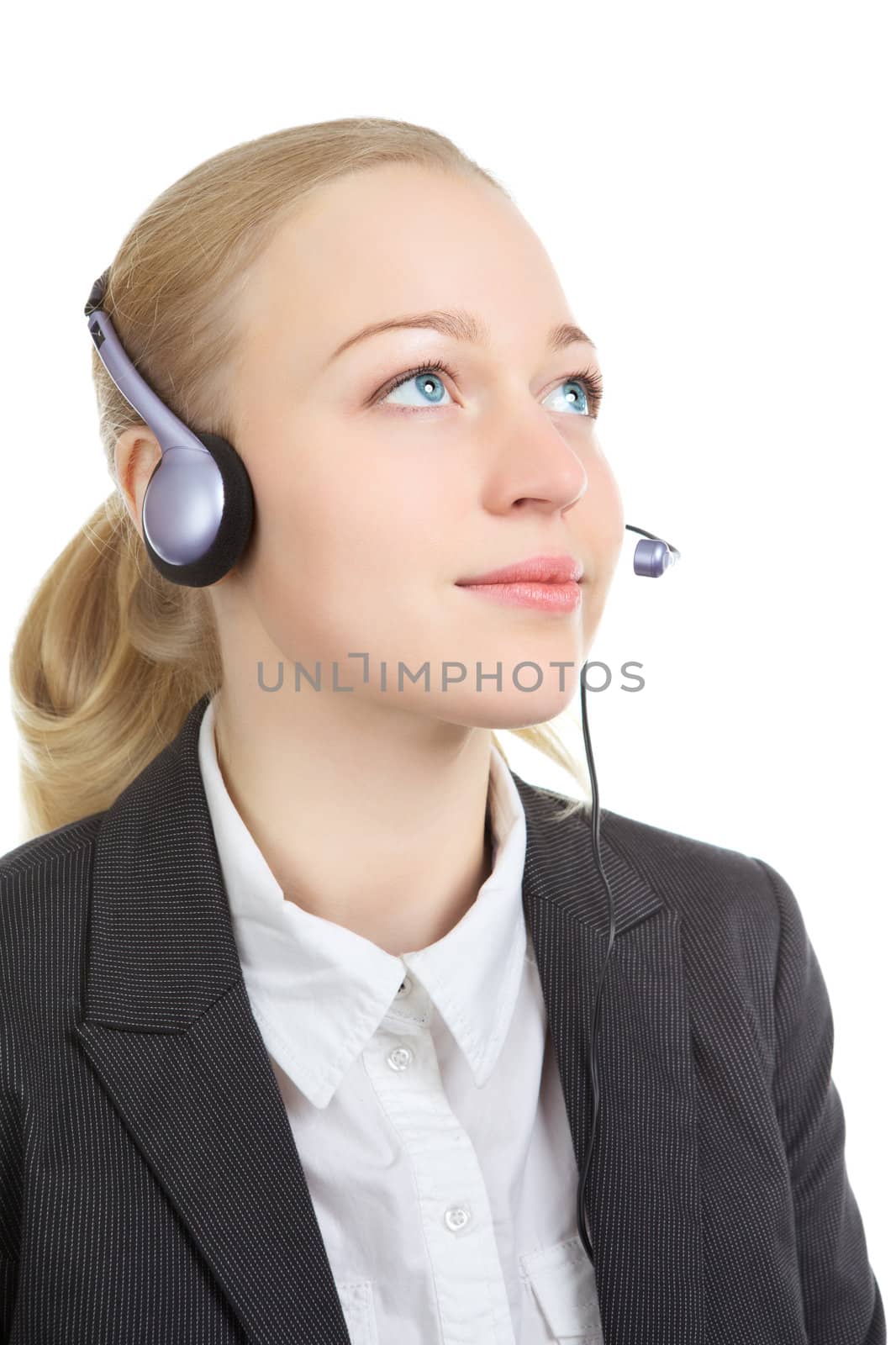 businesswoman talking with clients on headset, isolated on white