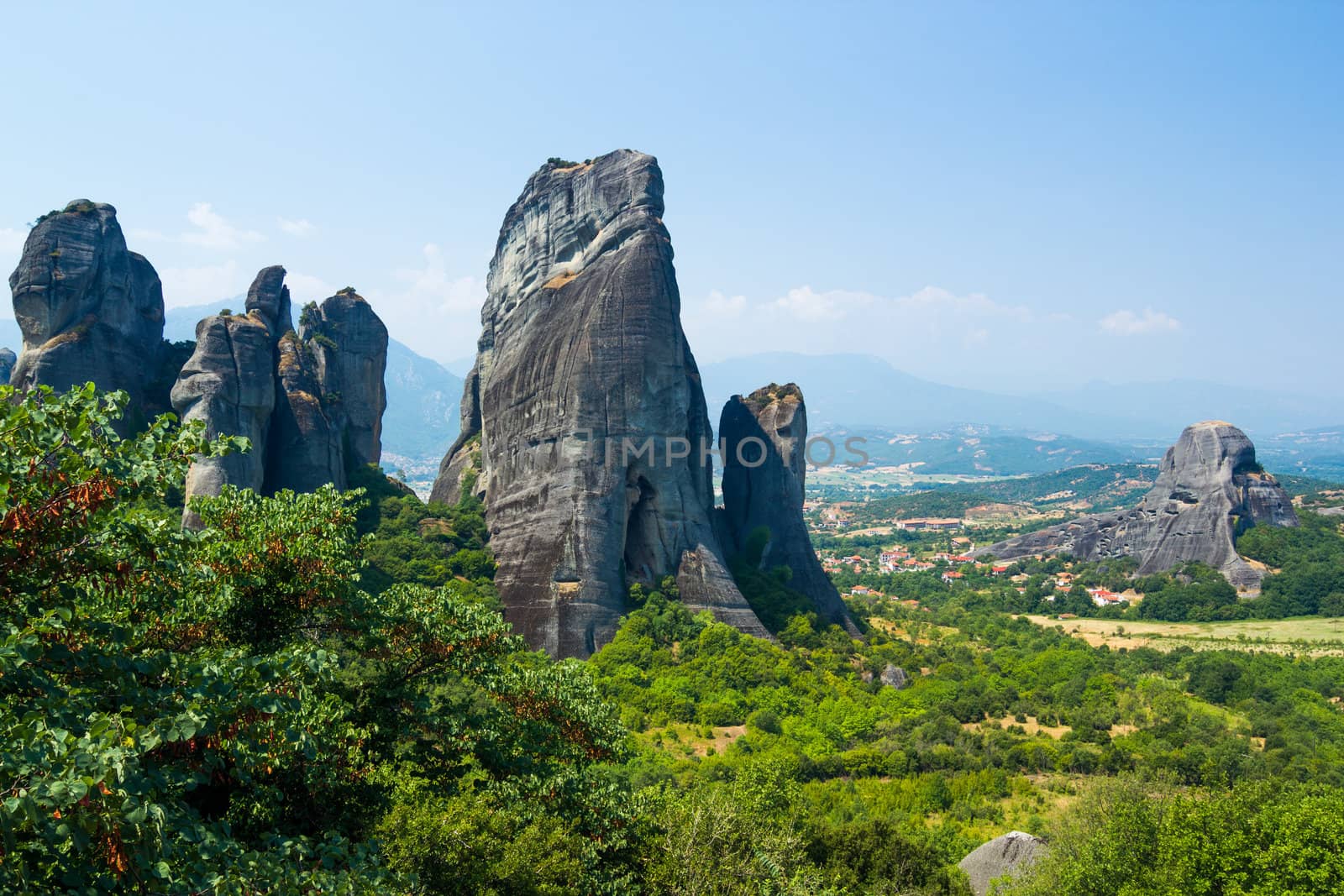 Meteora Greece. Bird's eye view of town Kalambaka. Panorama