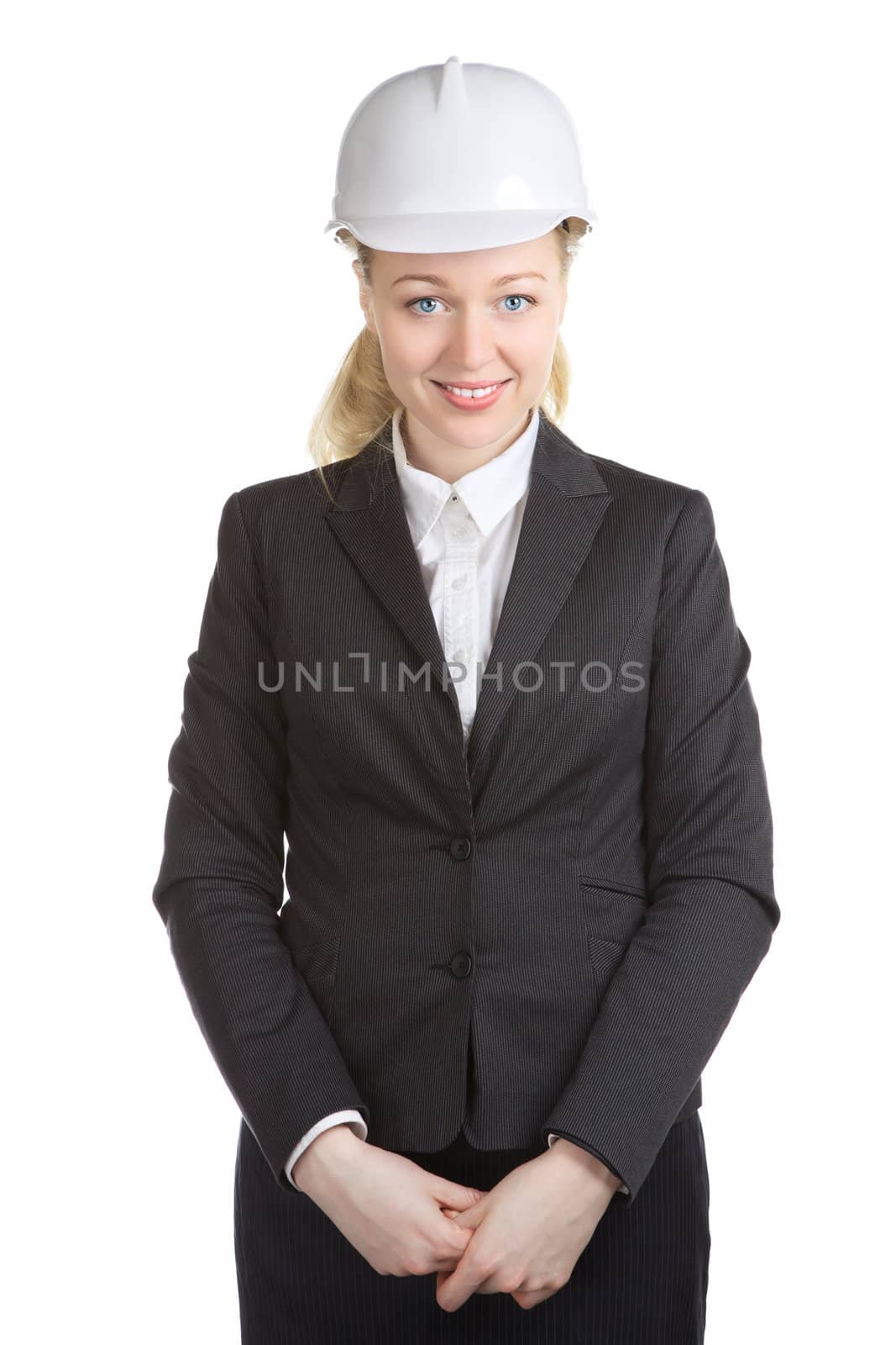 engineer woman in white helmet and black suit, isolated on white