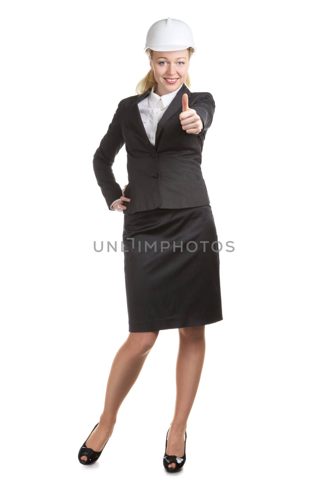 engineer woman in white helmet thumbs up, isolated on white