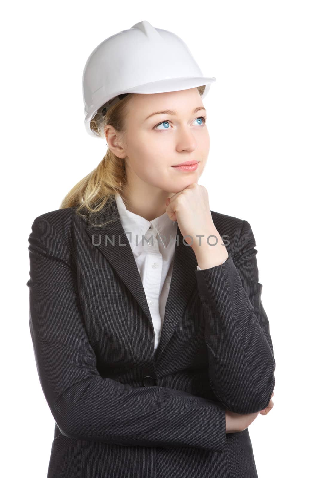 engineer woman in white helmet thought, isolated on white