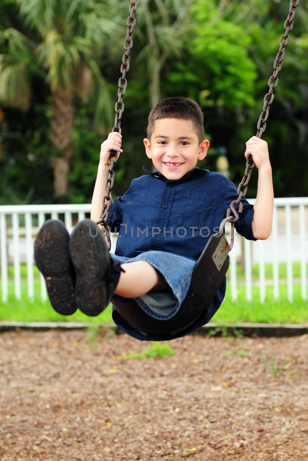 Happy young boy sitting swinging on swing at outdoor park