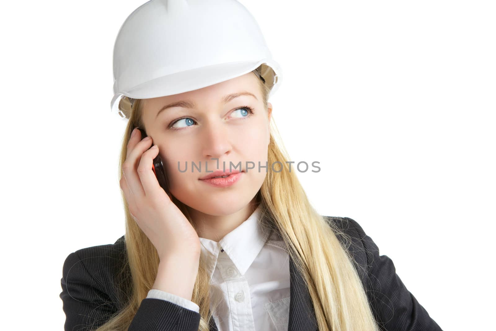 engineer woman talking on cell phone, isolated on white