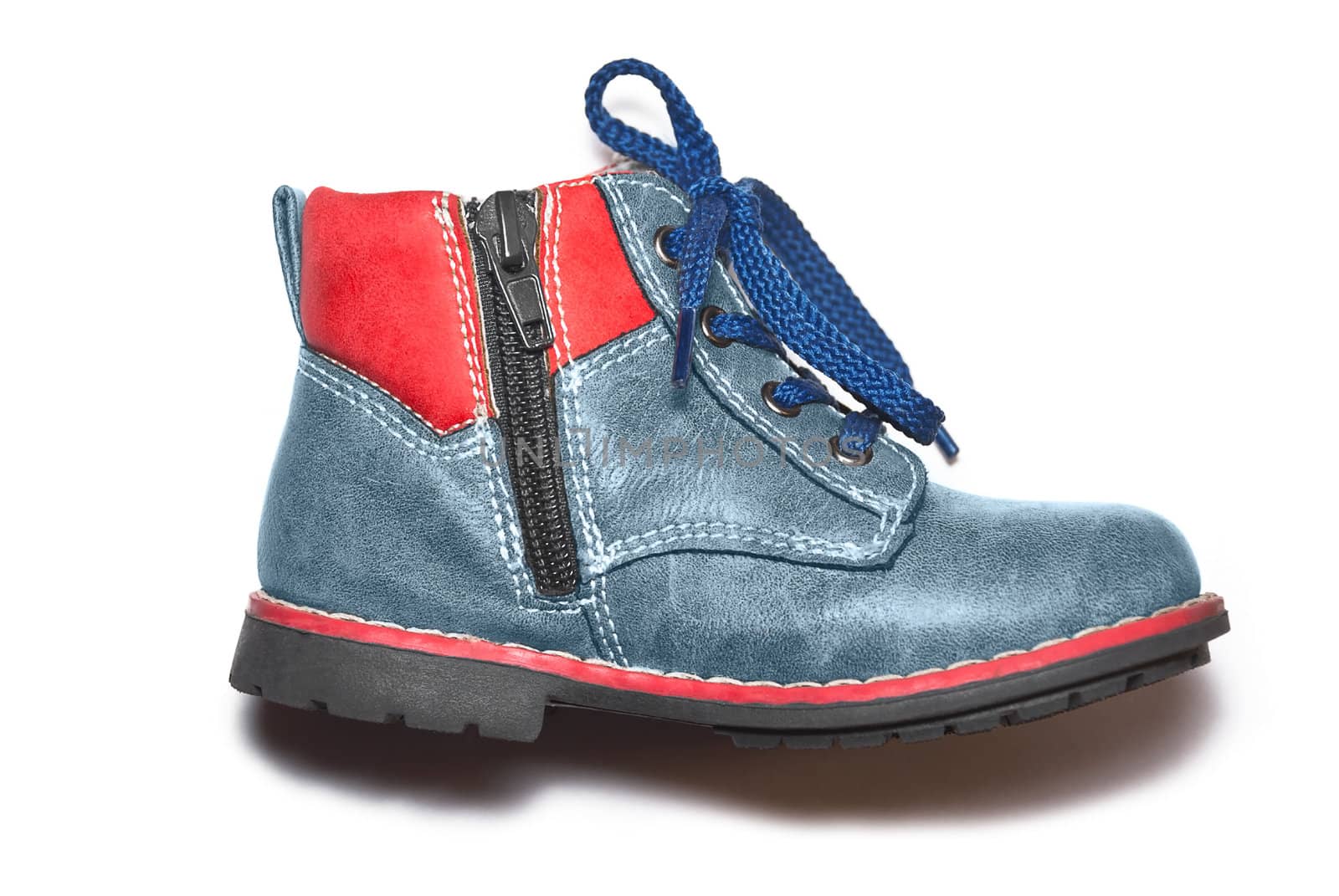 Male blue leather shoes on white background. Closeup images