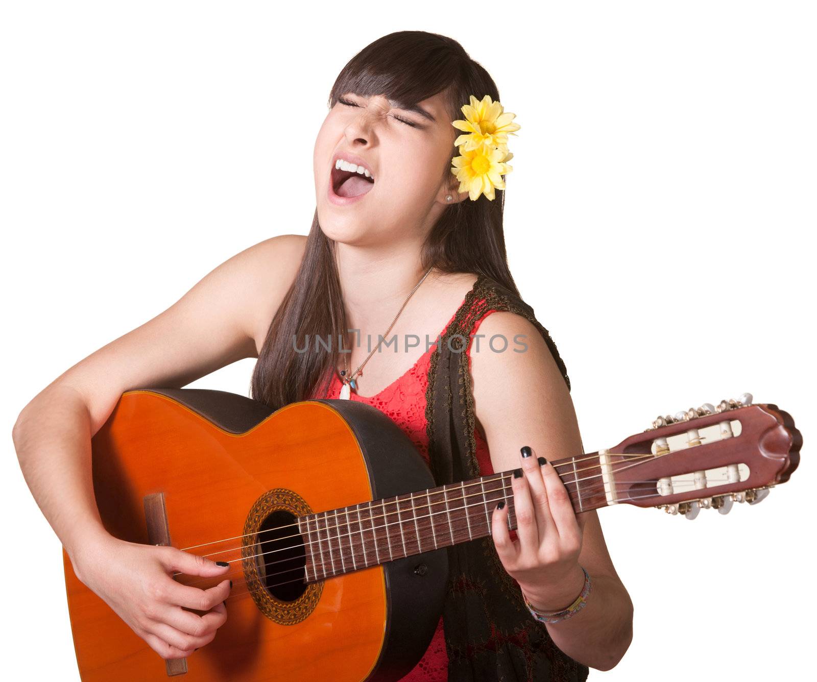 Goofy guitarist singing with eyes closed over white background