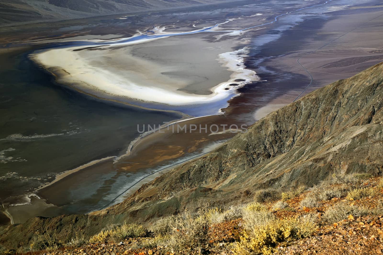 Salt Badwater Basin from Dante's View Death Valley National Park California Lowest spot in the Western Hemisphere 282 Feet below Sea Level from Highest Point in Death Valleyl