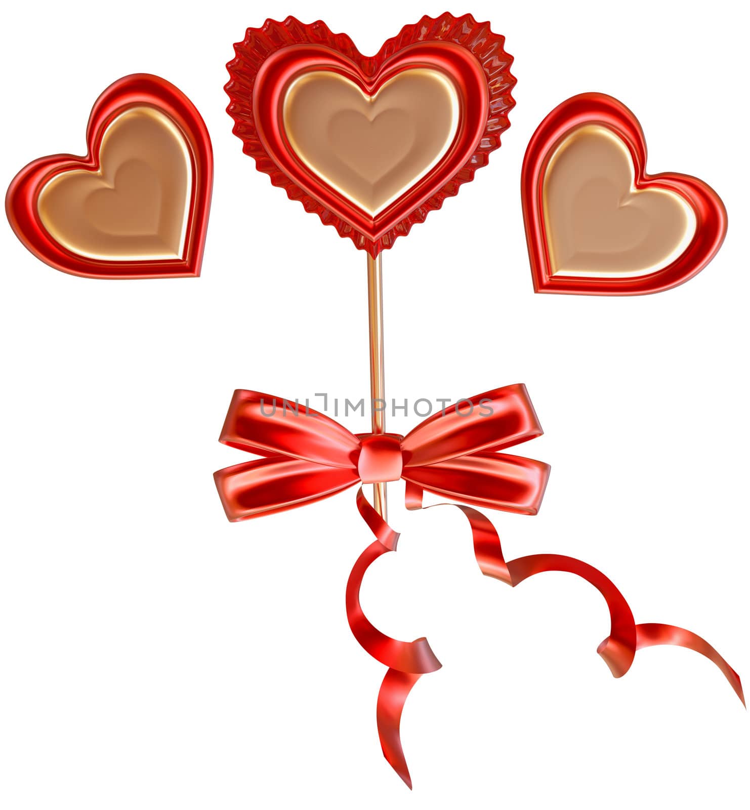 golden and red lollipop tied with a bow and long ribbons decorated two hearts