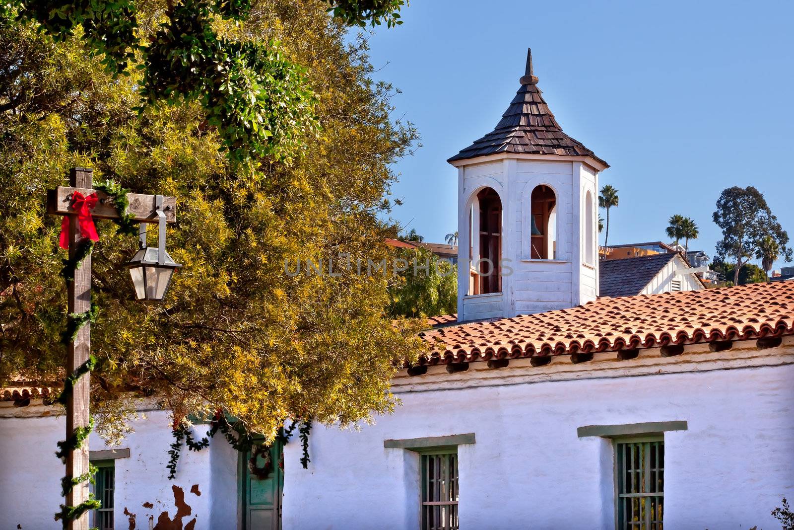 Casa de Estudillo Old San Diego Town Roof.  Historic Adobe House and Cupola built in 1827.  Christmas Lamp Post