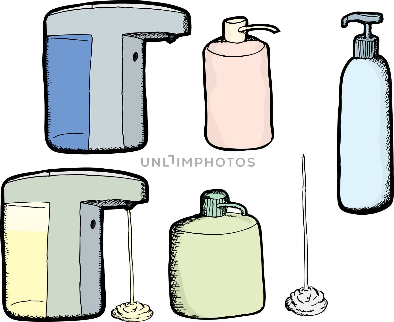 Various soap and lotion dispensers over white background