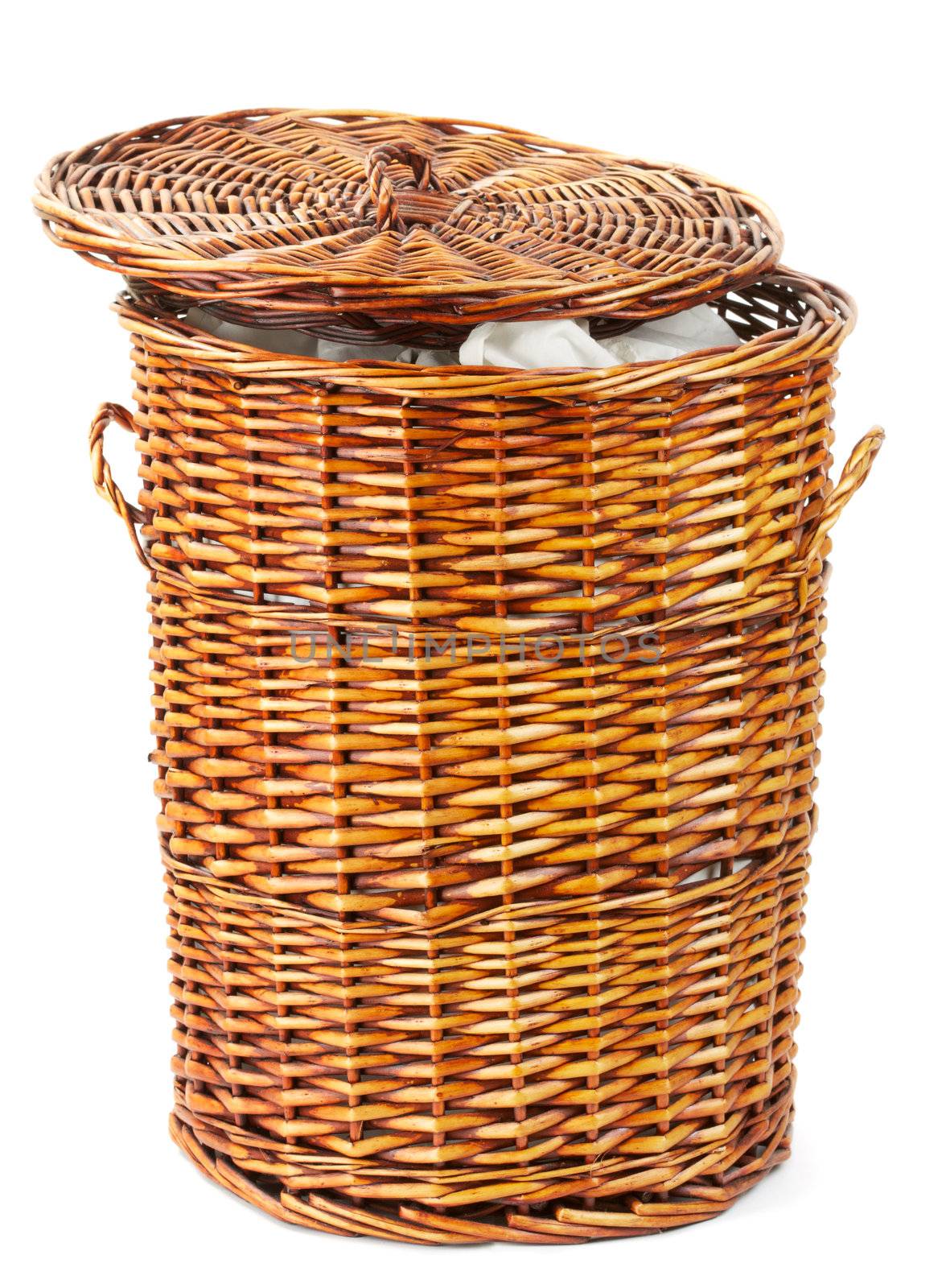 wooden laundry basket isolated on white background