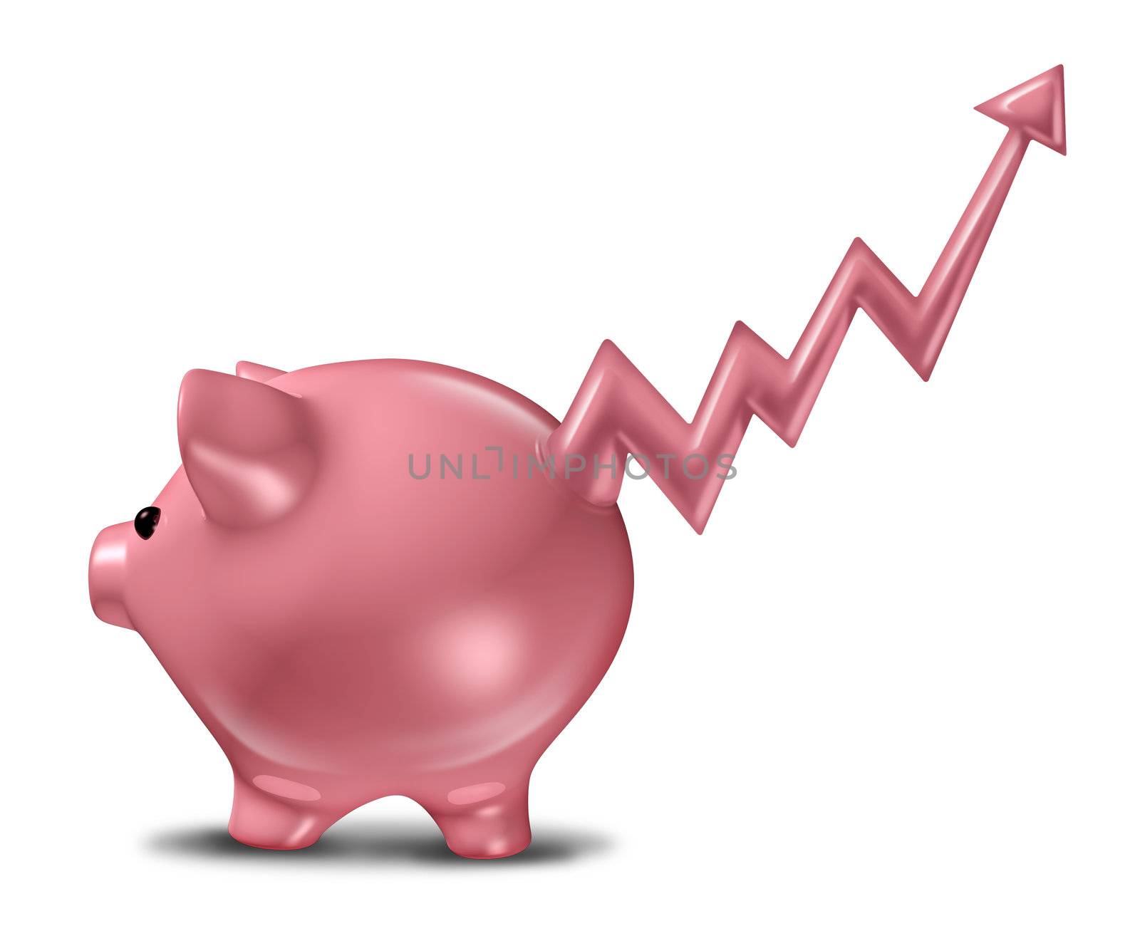 Savings profits as a ceramic piggy bank with the tail in the shape of a stock market business graph with an upward arrow representing financial success and profitable finance strategy.