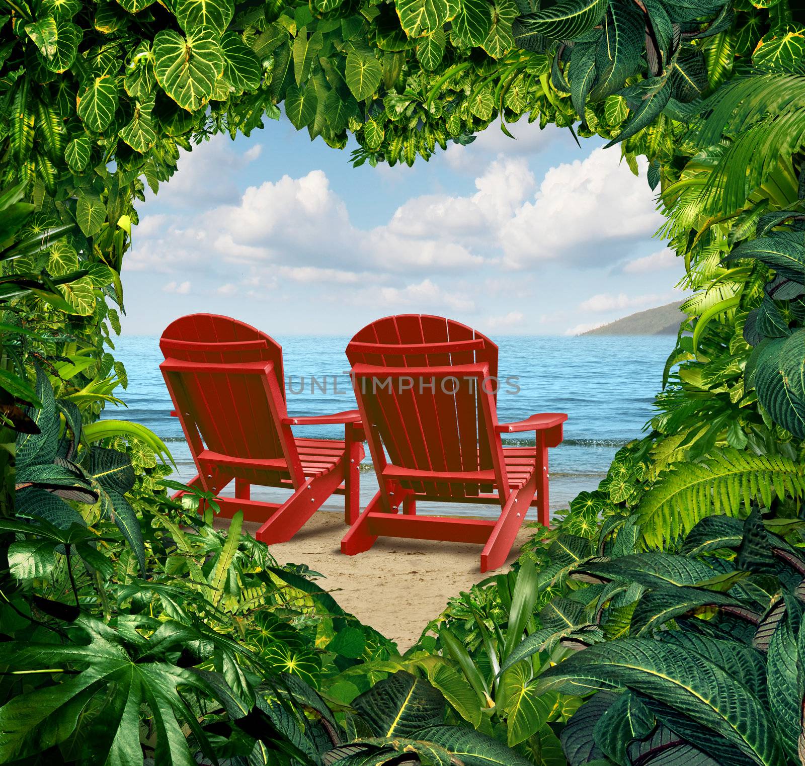 Romantic getaway and escape to a tropical beach vacation concept with two red adirondack chairs with jungle plants in the shape of a love heart as a travel and traveling symbol for lovers and couples.