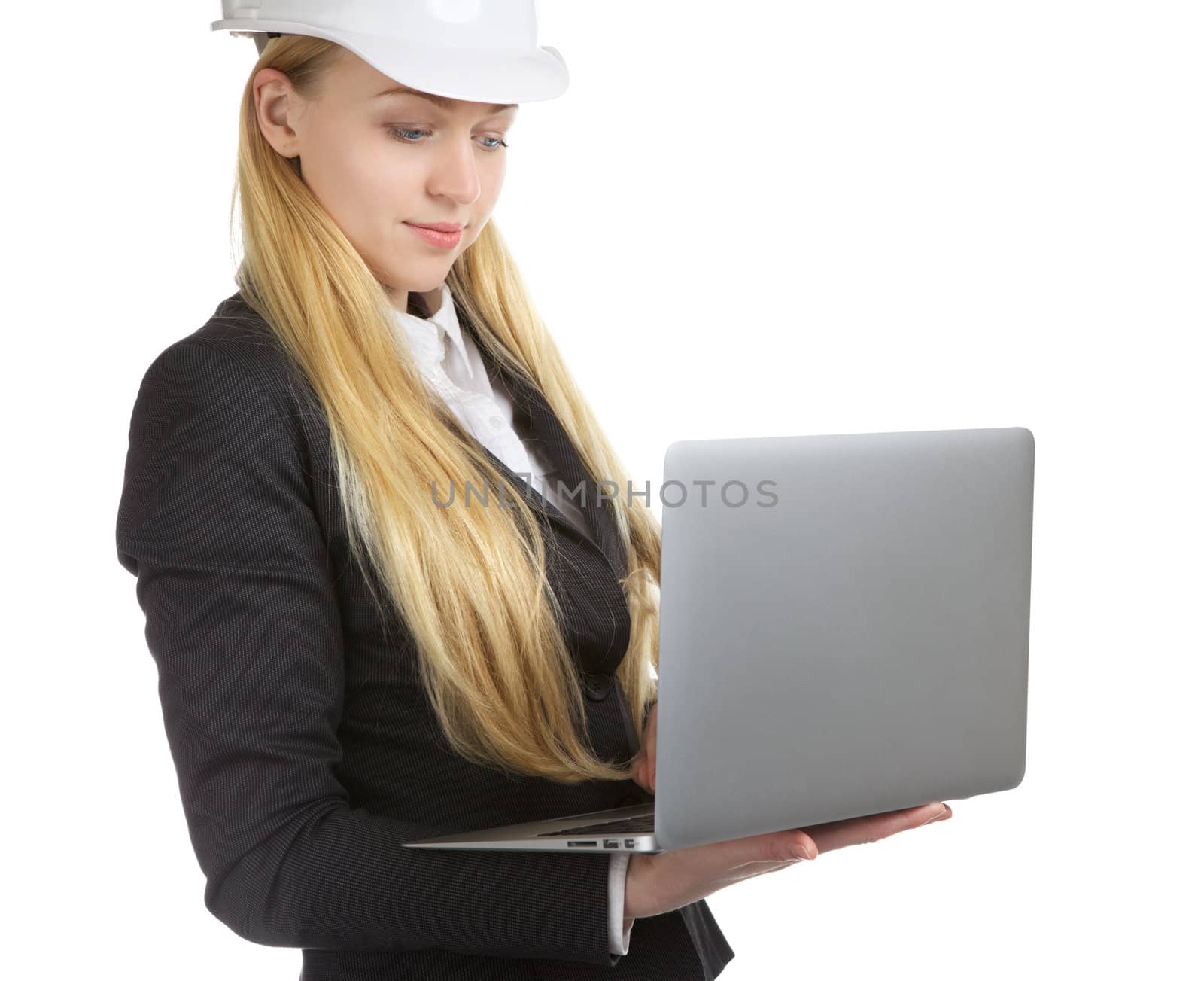 engineer woman with laptop, isolated on white
