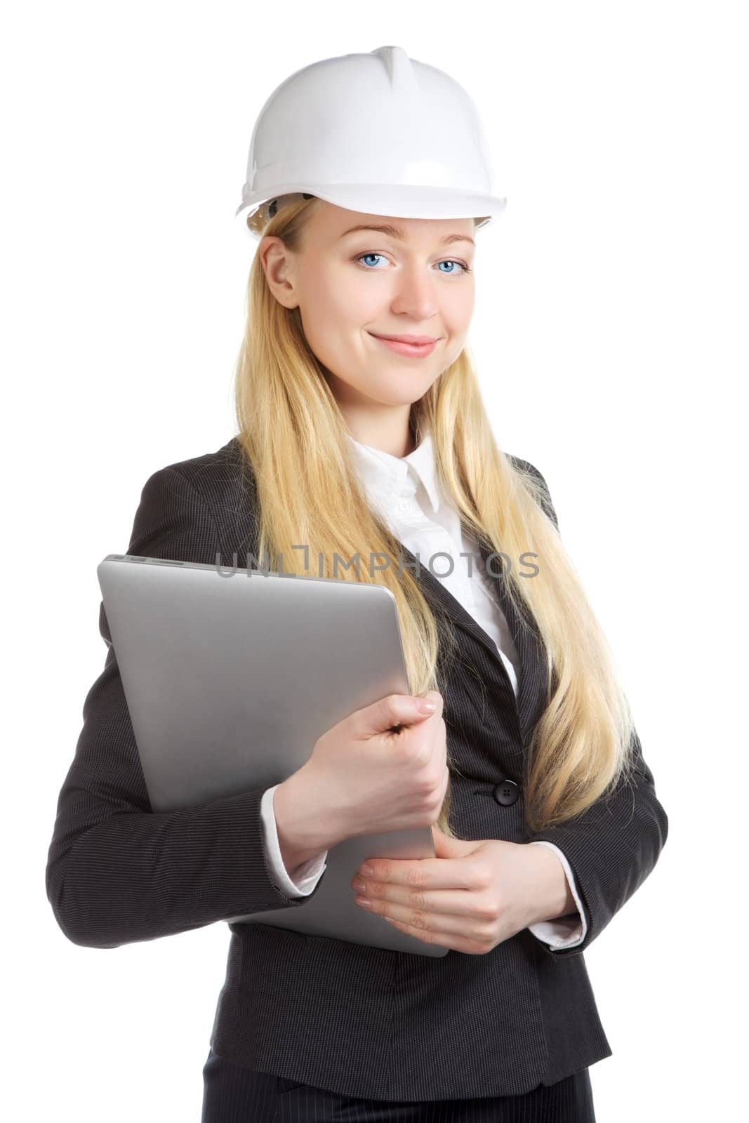 engineer woman with laptop, isolated on white
