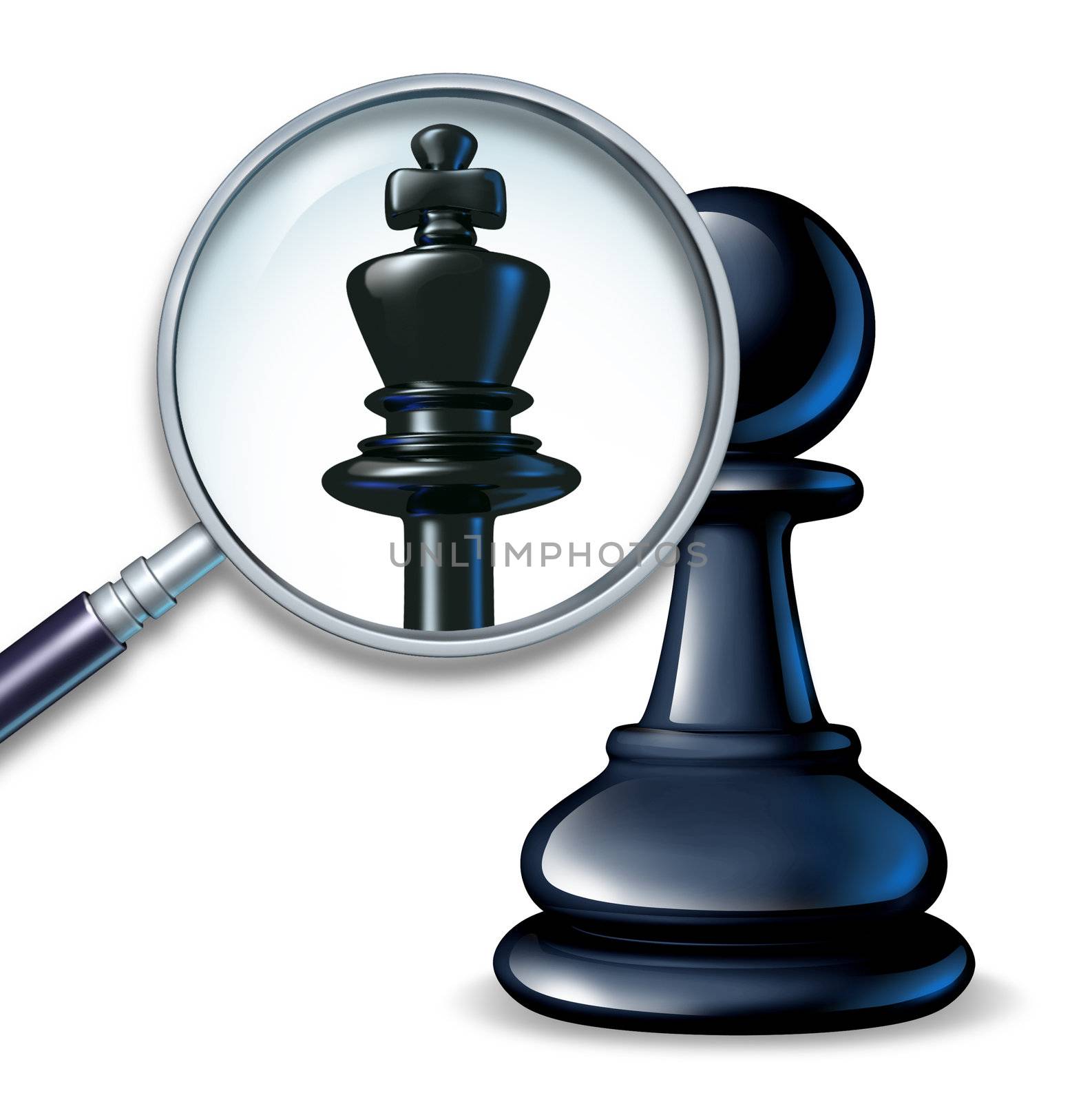 Future leader business concept with a chess game pawn and a magnifying glass showing a change to a king figure as a symbol of a rise to success and career promotion for greatness.