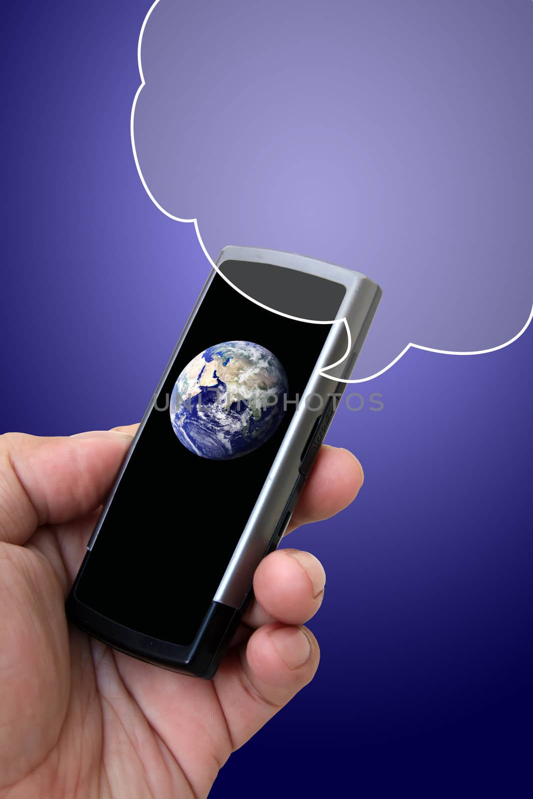 Hand holding mobile phone with earth globe