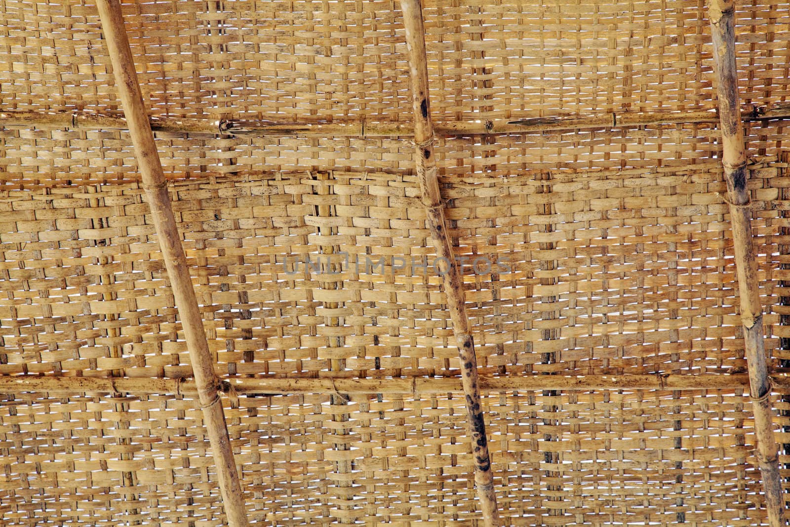 Horizontal texture of a bamboo shacks roof with coconut leaf weave and bamboo cane struts. Generic tropical shack construction, location of shot, Goa India