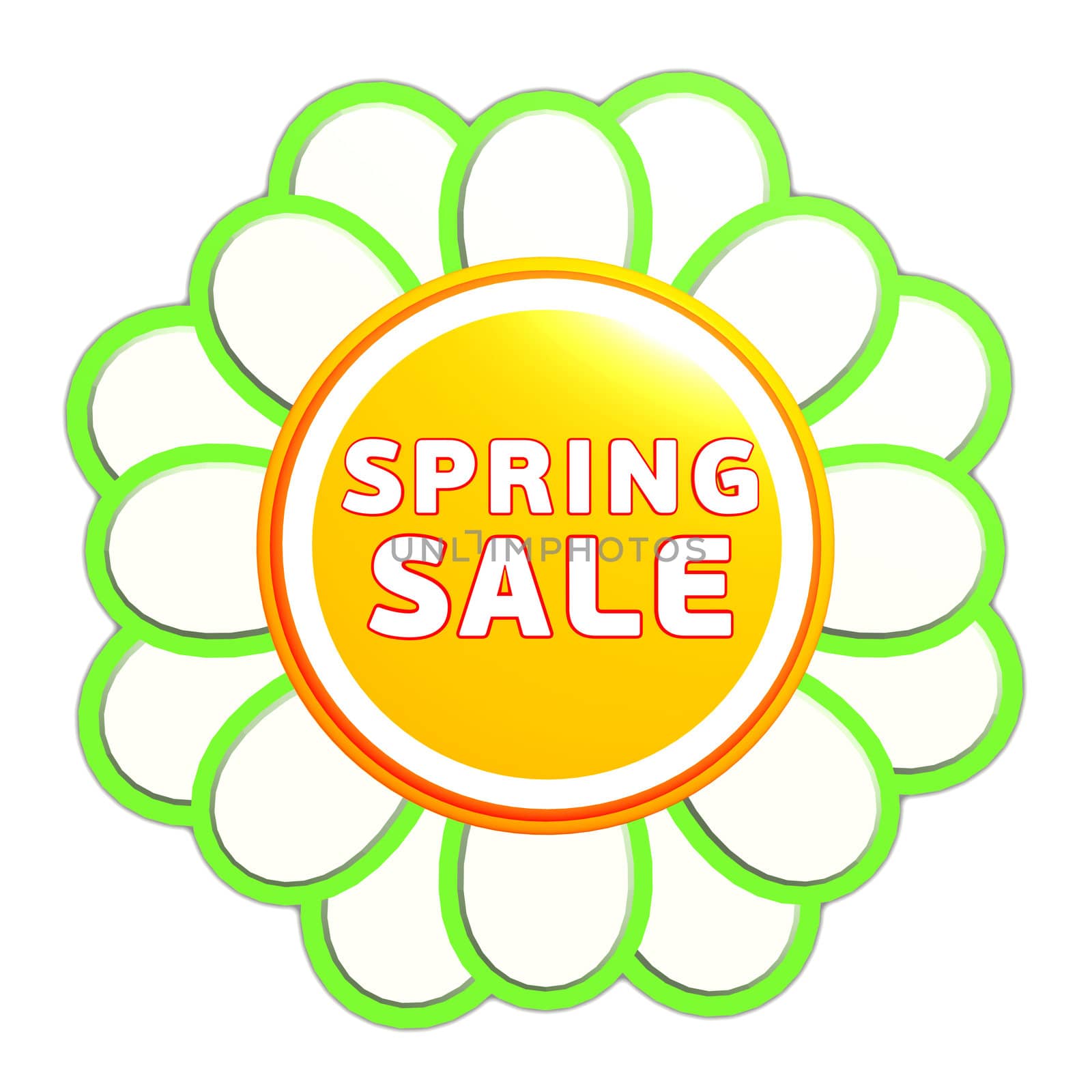 spring sale banner - 3d green orange flower label with white text, business concept