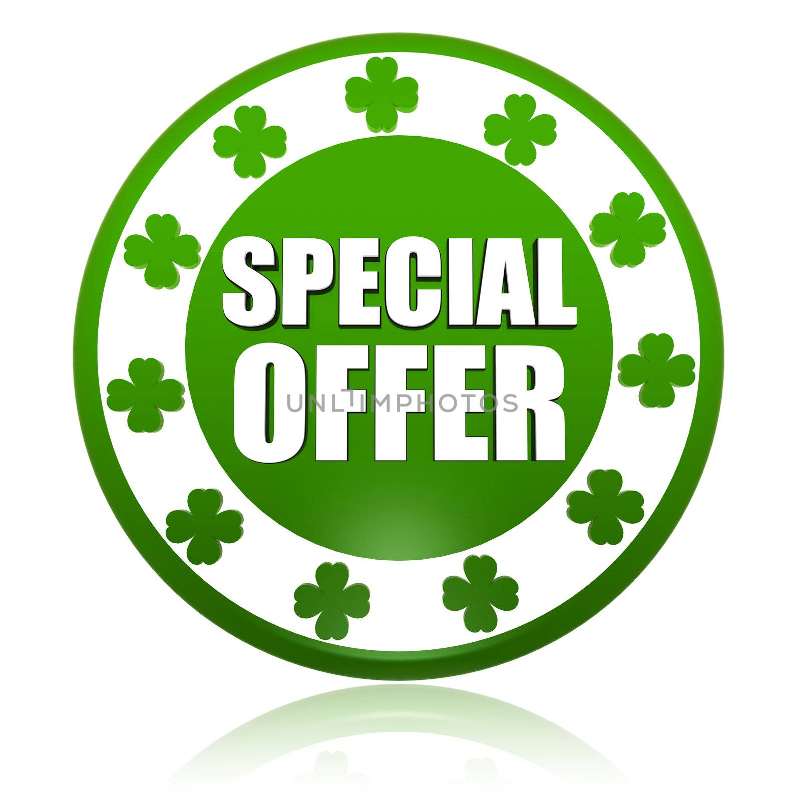 special offer - text in 3d circle badge with green shamrocks, St. Patrick's Day concept