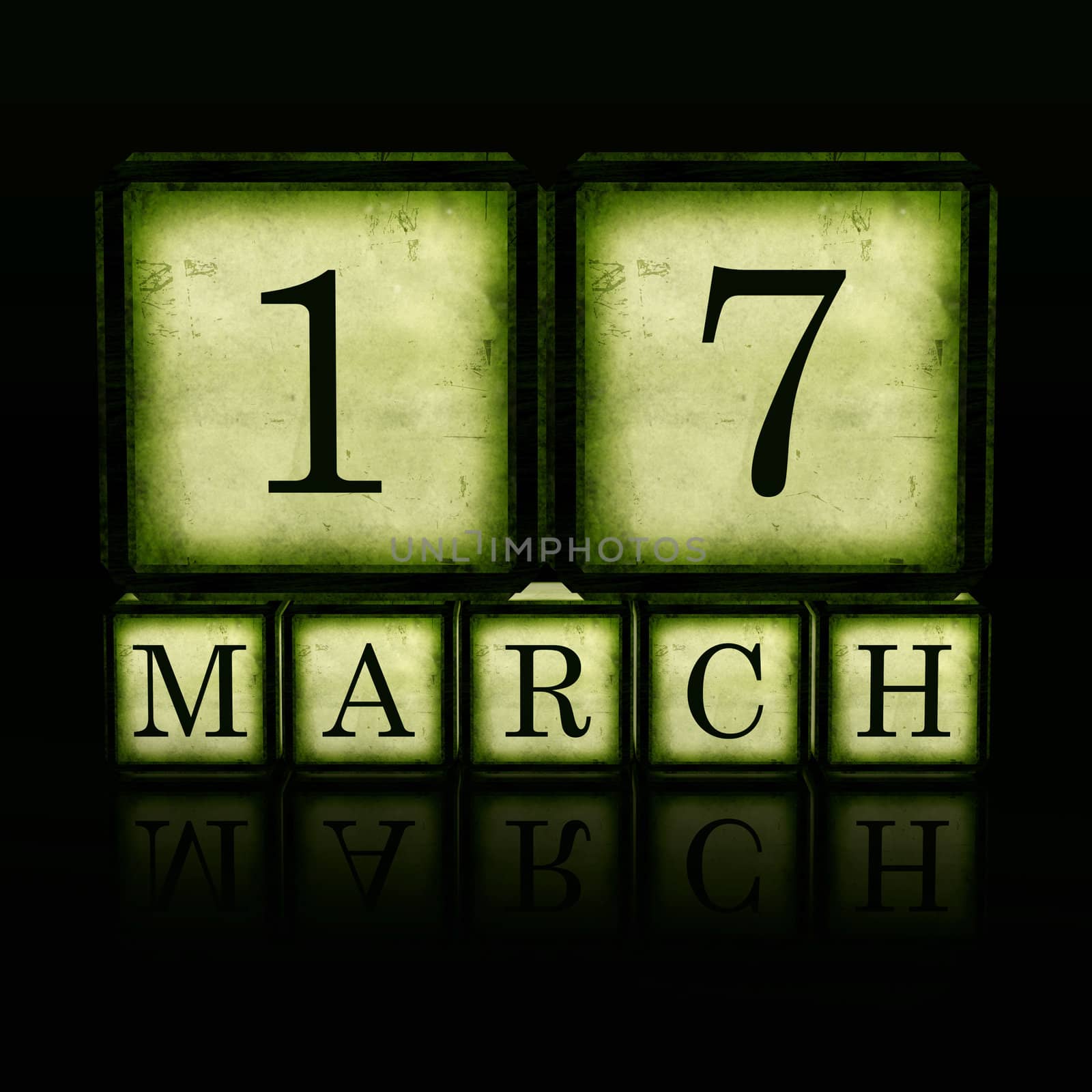 March 17 in 3d green wooden cubes with letters makes date, retro concept