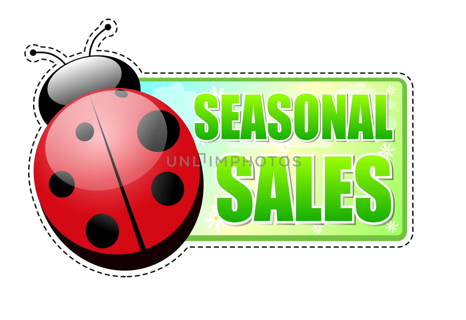seasonal sales banner - text in green spring label with red ladybird and white flowers, business concept