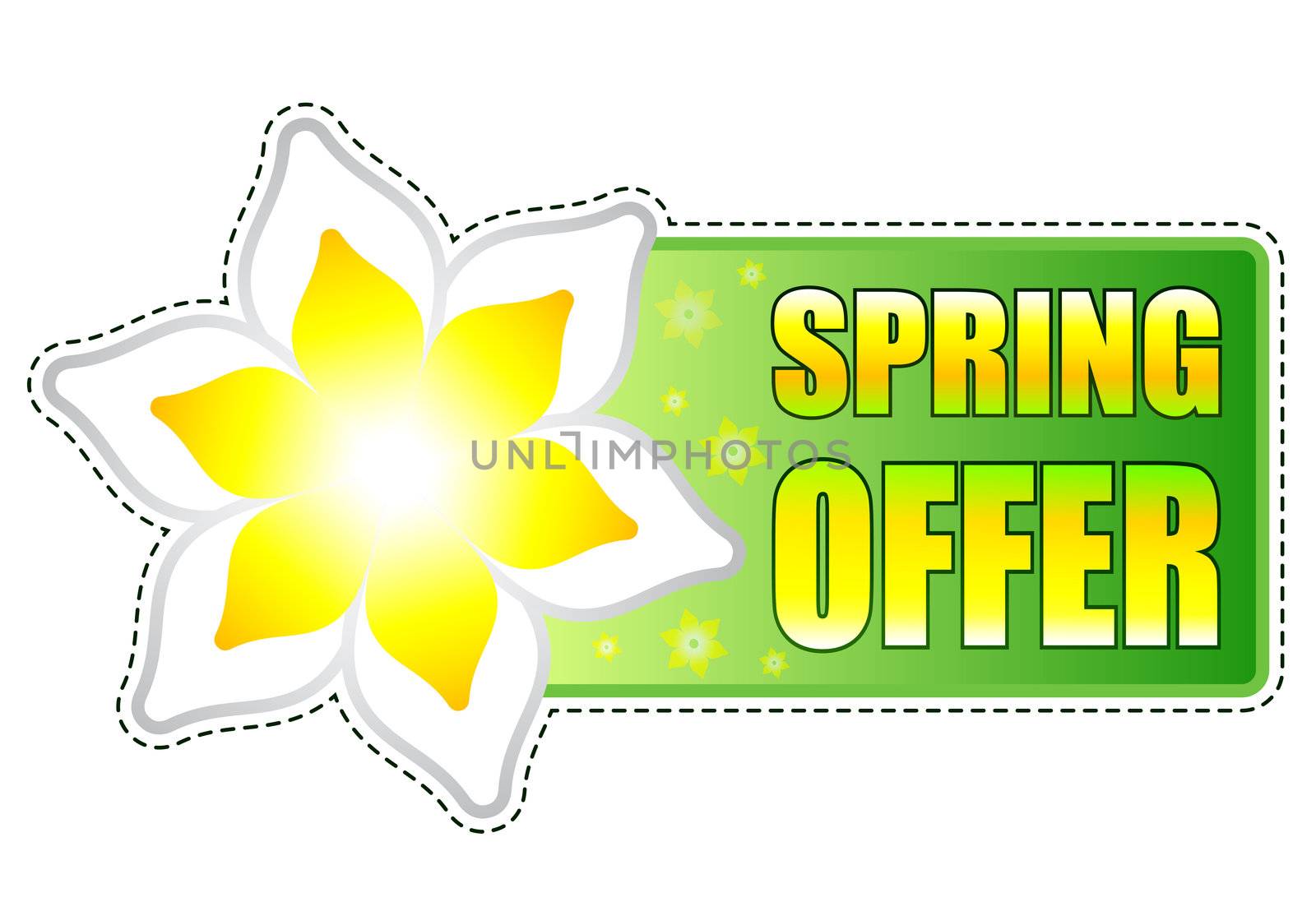 spring offer banner - text in green label with white yellow flowers, business concept