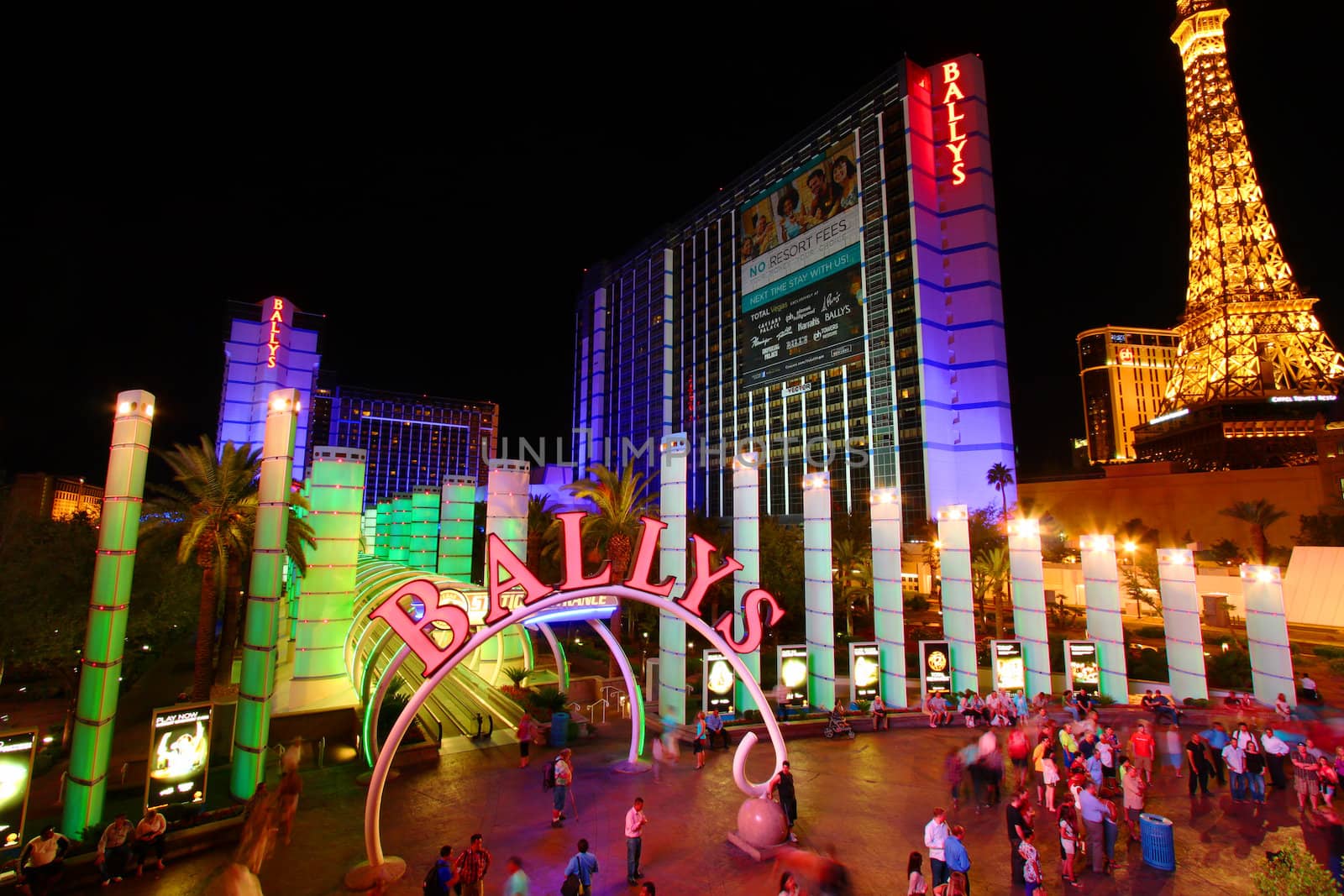 Las Vegas, USA - May 22, 2012: Bally's Las Vegas is a hotel and casino on the famous Las Vegas Strip.  Seen here is the entrance off Las Vegas Boulevard illuminated by colorful lighting.