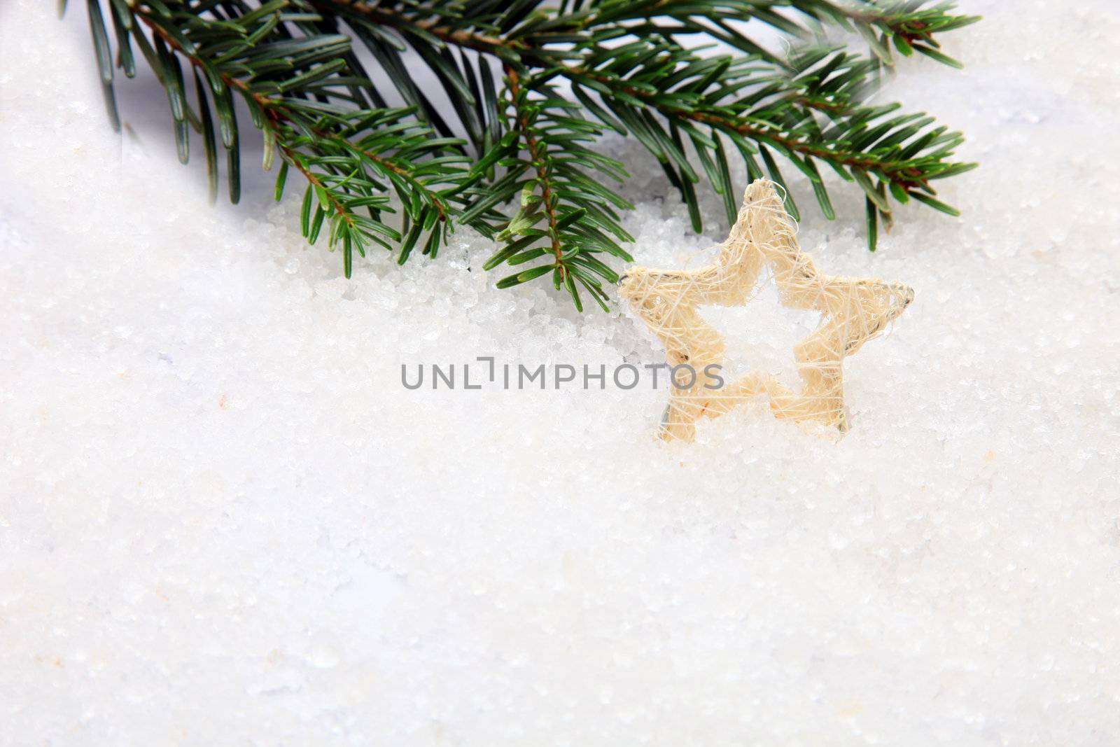 White Christmas star ornament with pine needles on snow