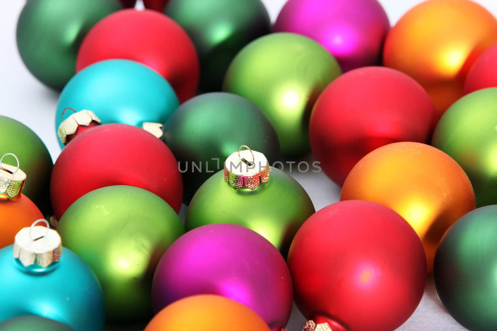 Christmas ornamental shiny colorful globes, close up