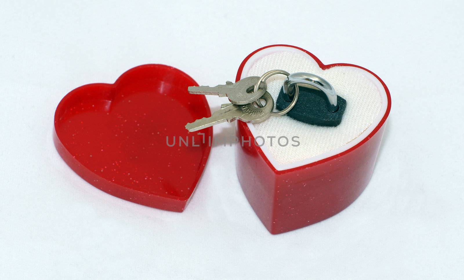 A marriage ring is replaced by a little pad lock and 2 keys in a heart shaped proposal box