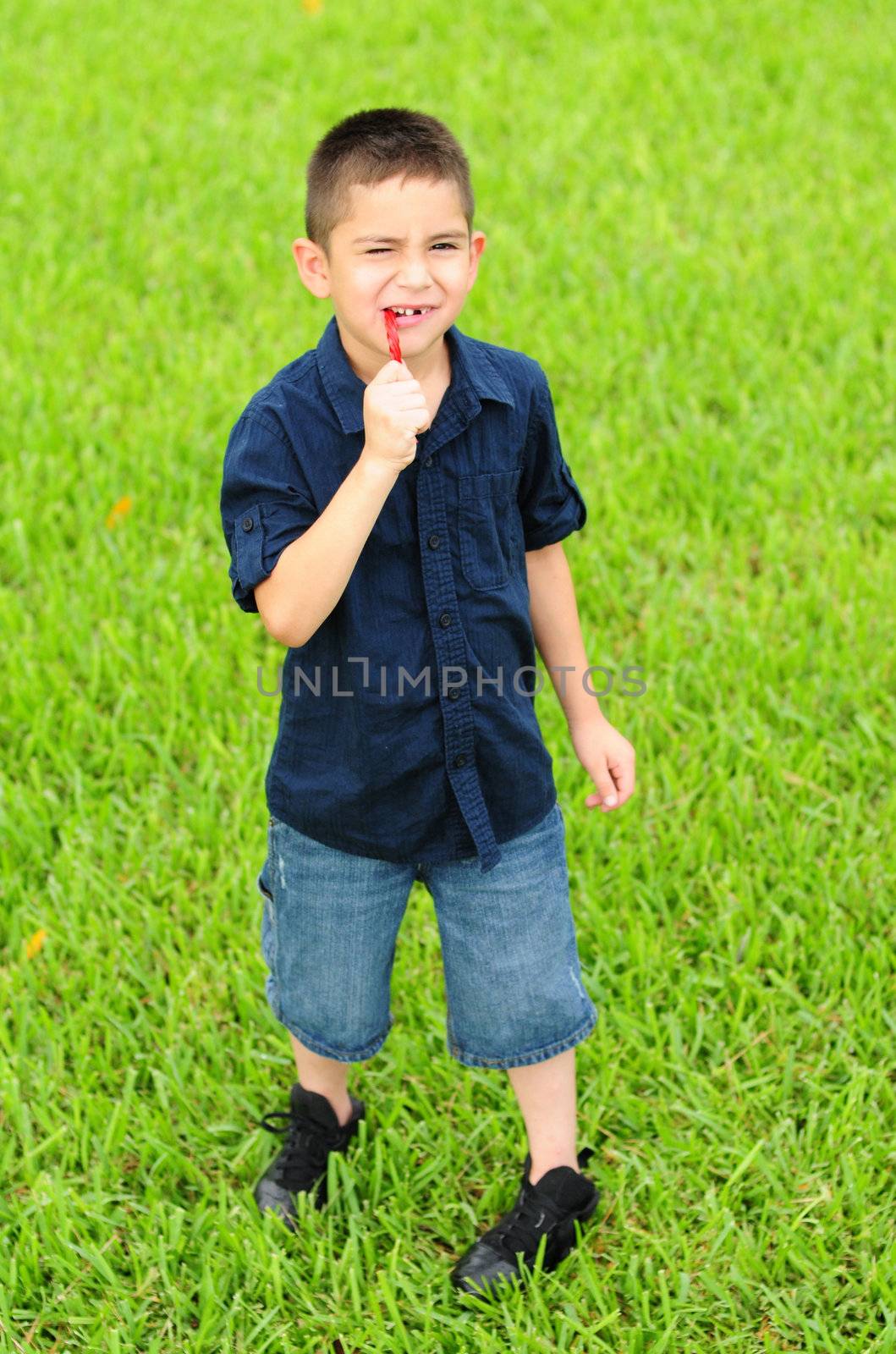 Young boy eating red licorice junk food