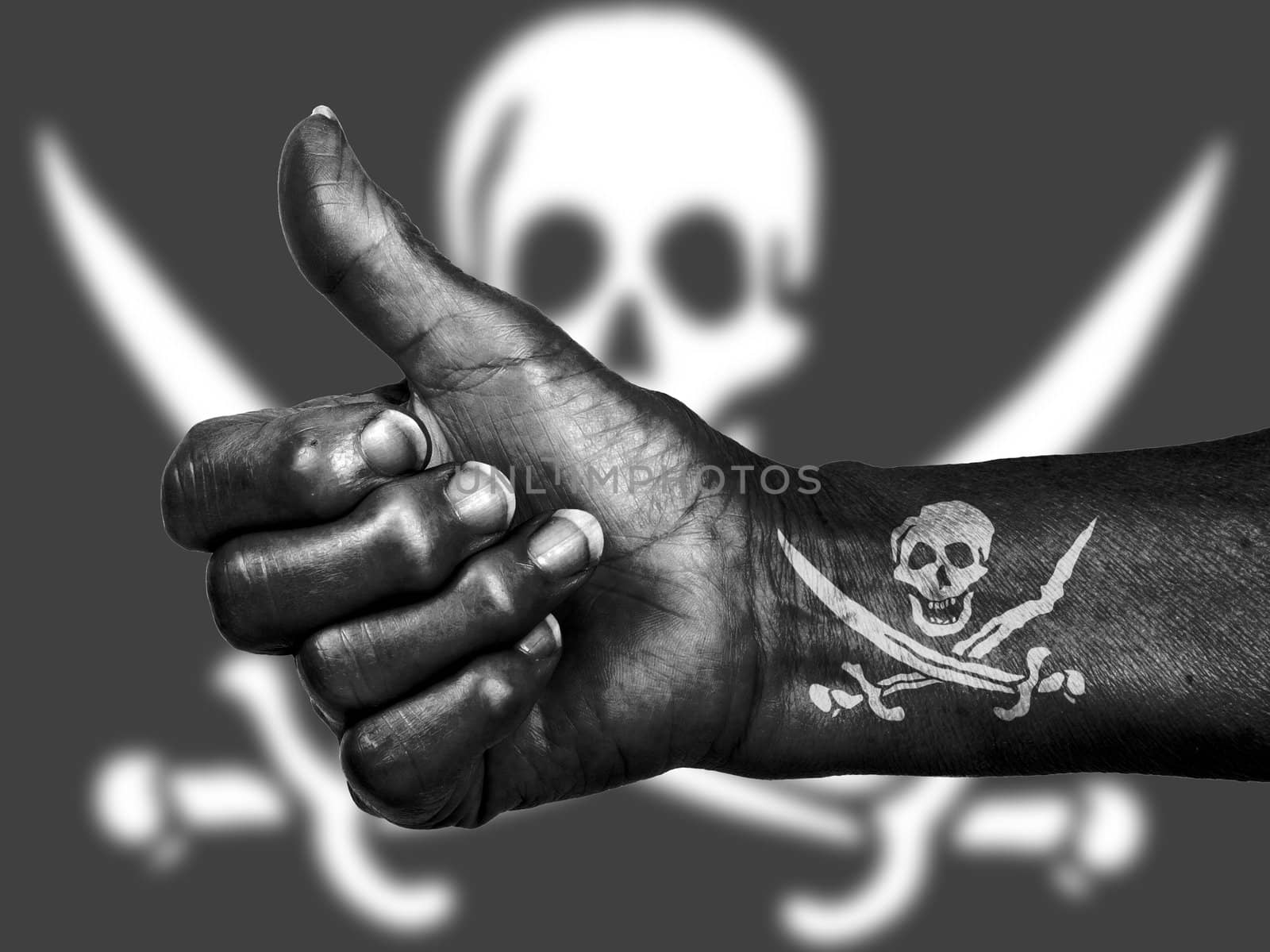 Old woman with arthritis giving the thumbs up sign, isolated on white, Pirate