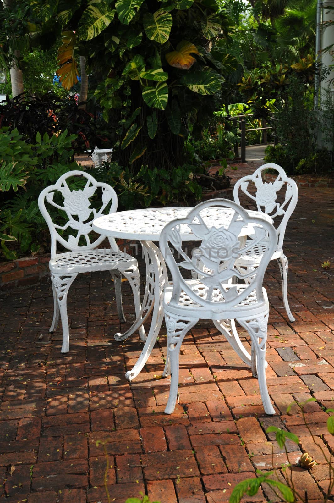 white ornamental garden chairs in a backyard patio with surrounding garden