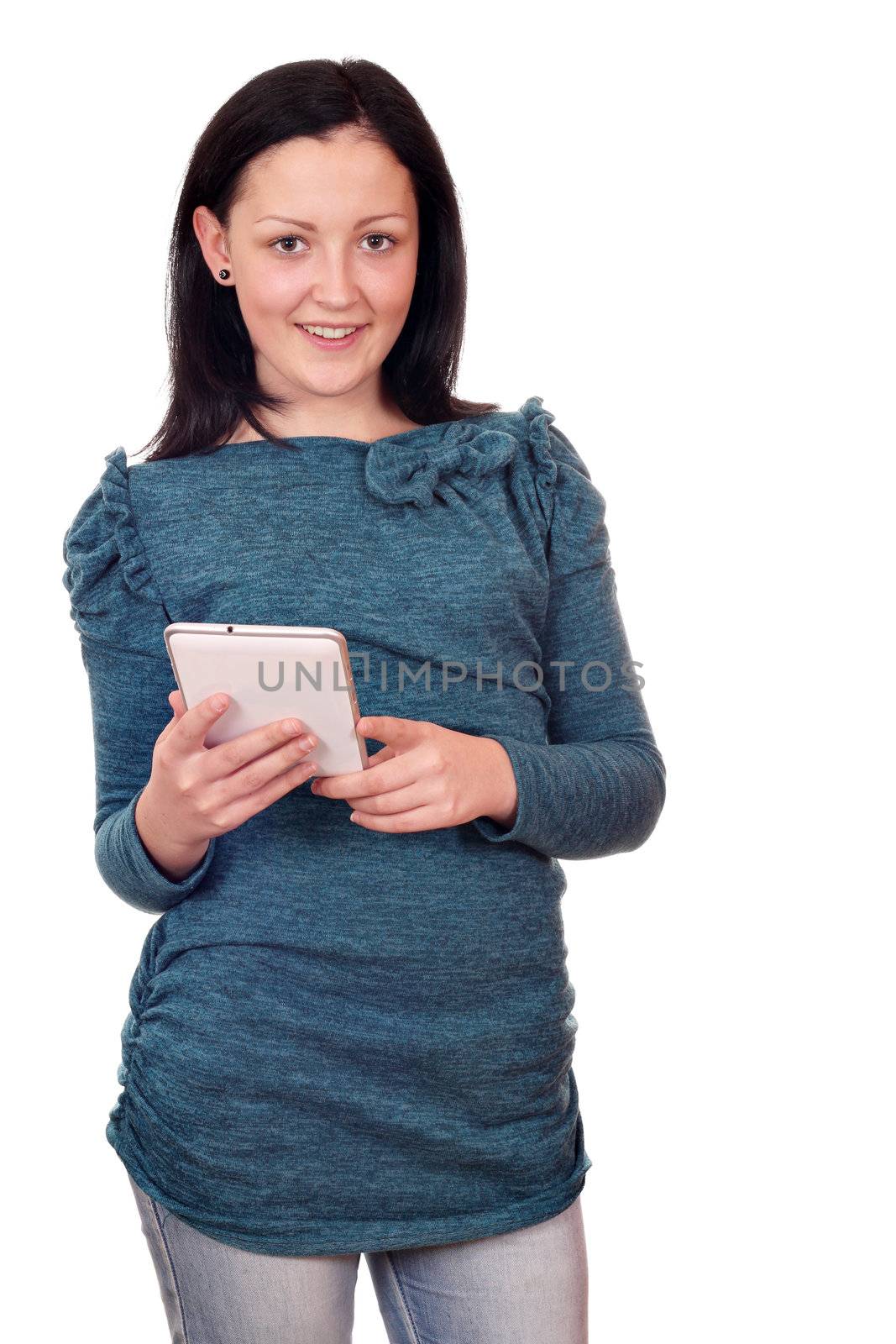 beautiful teenage girl with tablet pc on white  by goce