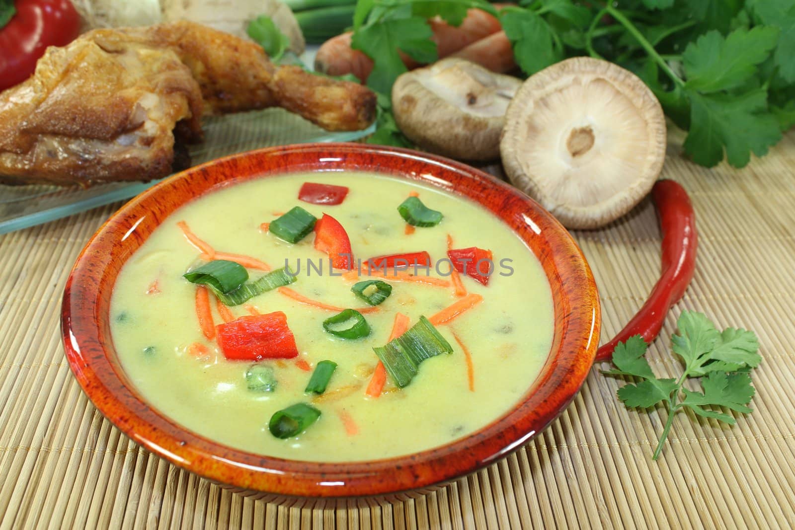 Curry soup with colorful vegetables and chicken