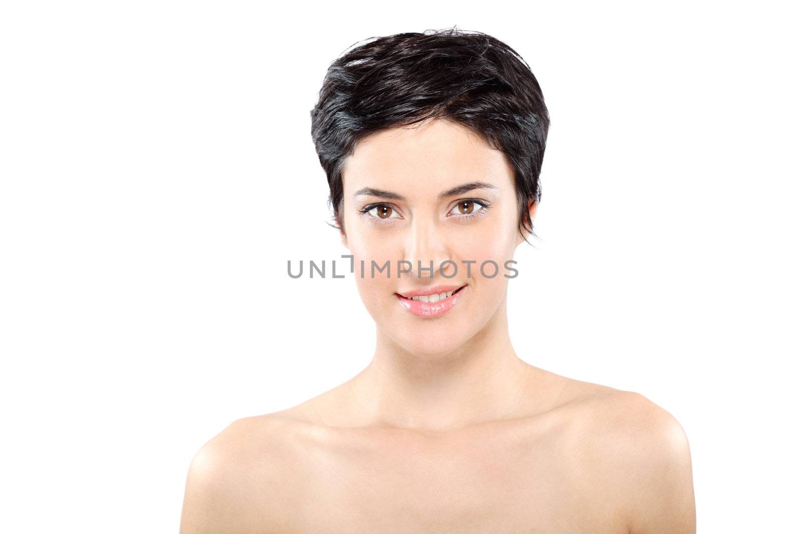 beautiful girl with short black hair, against white background