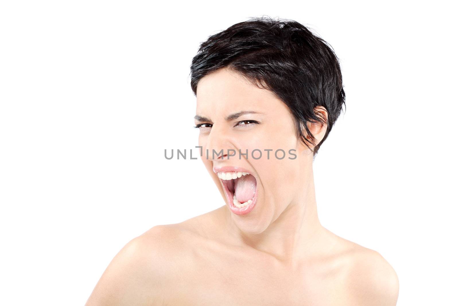 beautiful girl with short black hair, against white background