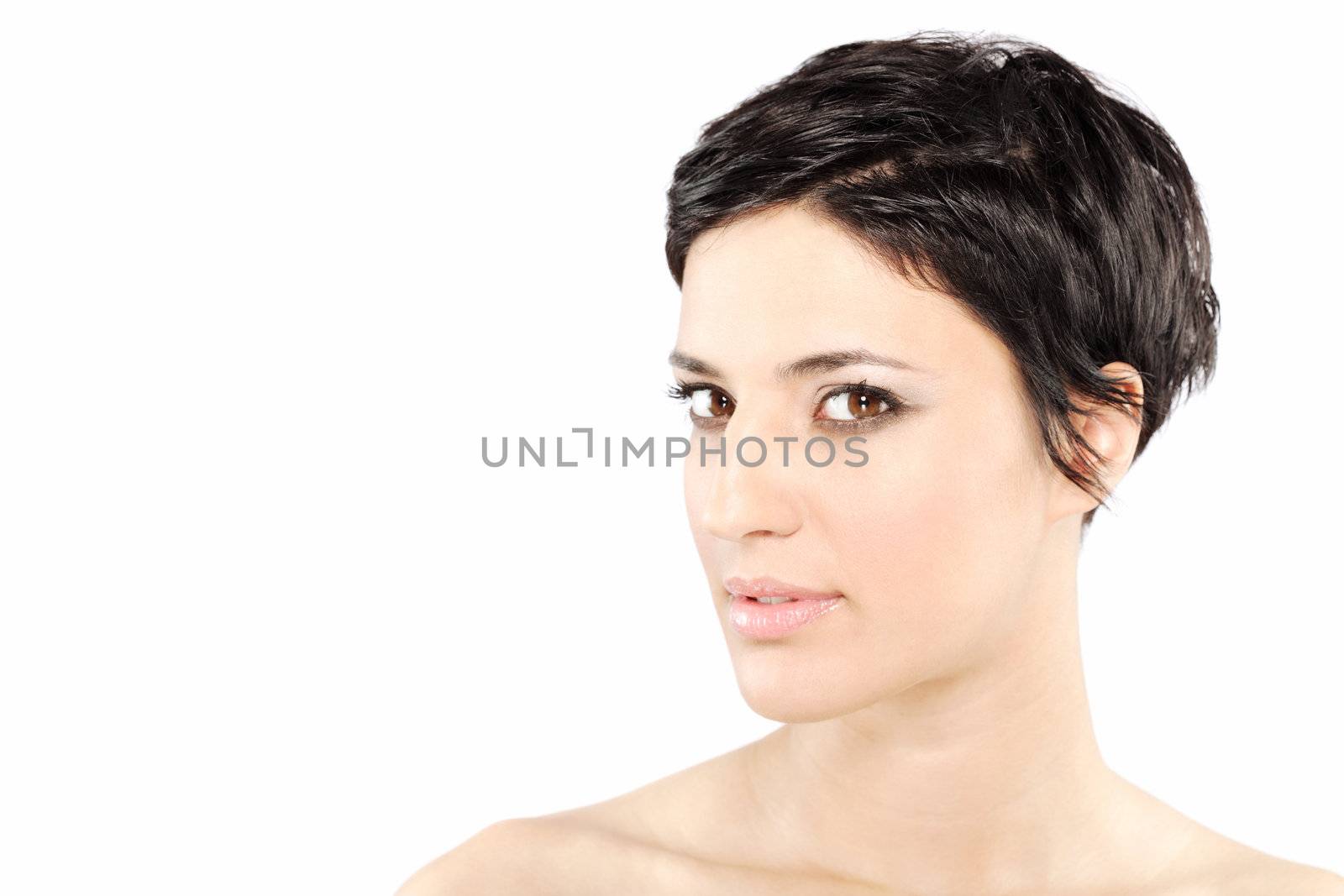 beautiful girl with short black hair, against white background