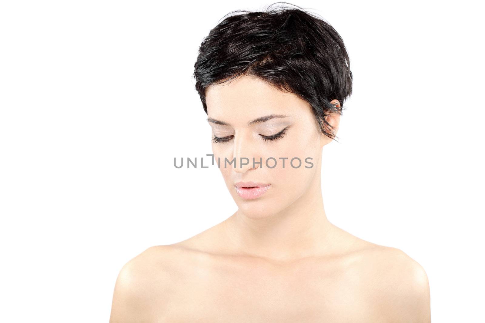 beautiful girl with short black hair, against white background