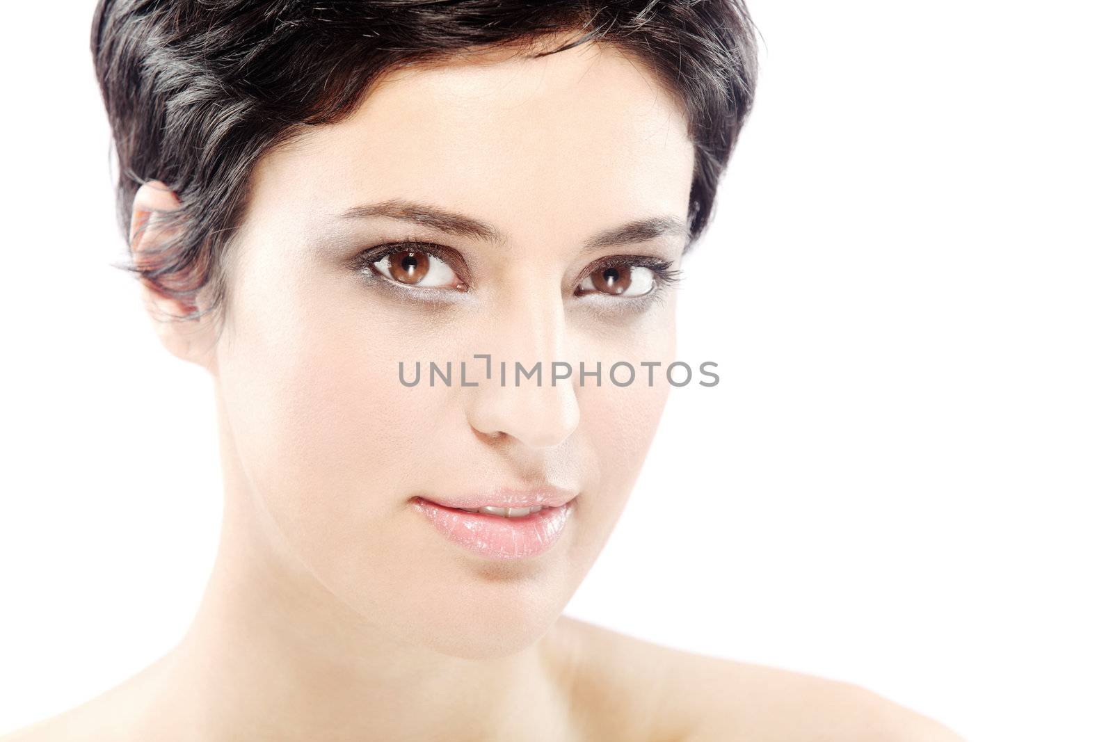 beautiful girl with short black hair, against white background