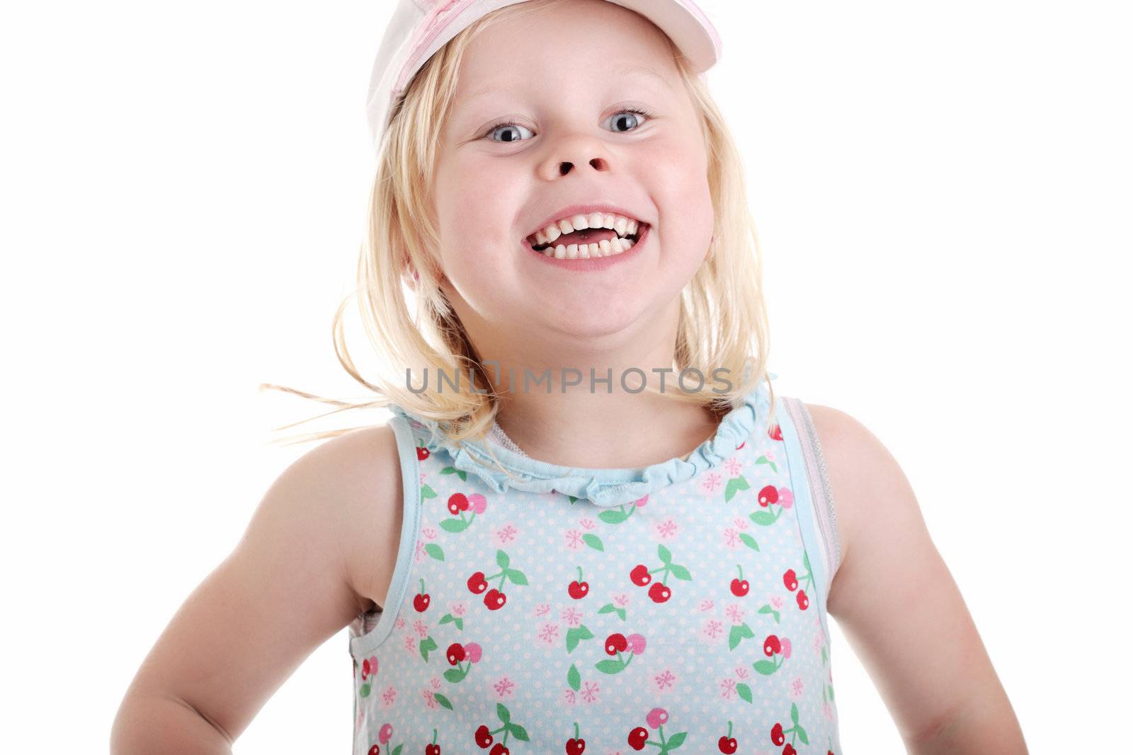cute little girl jumping on white background