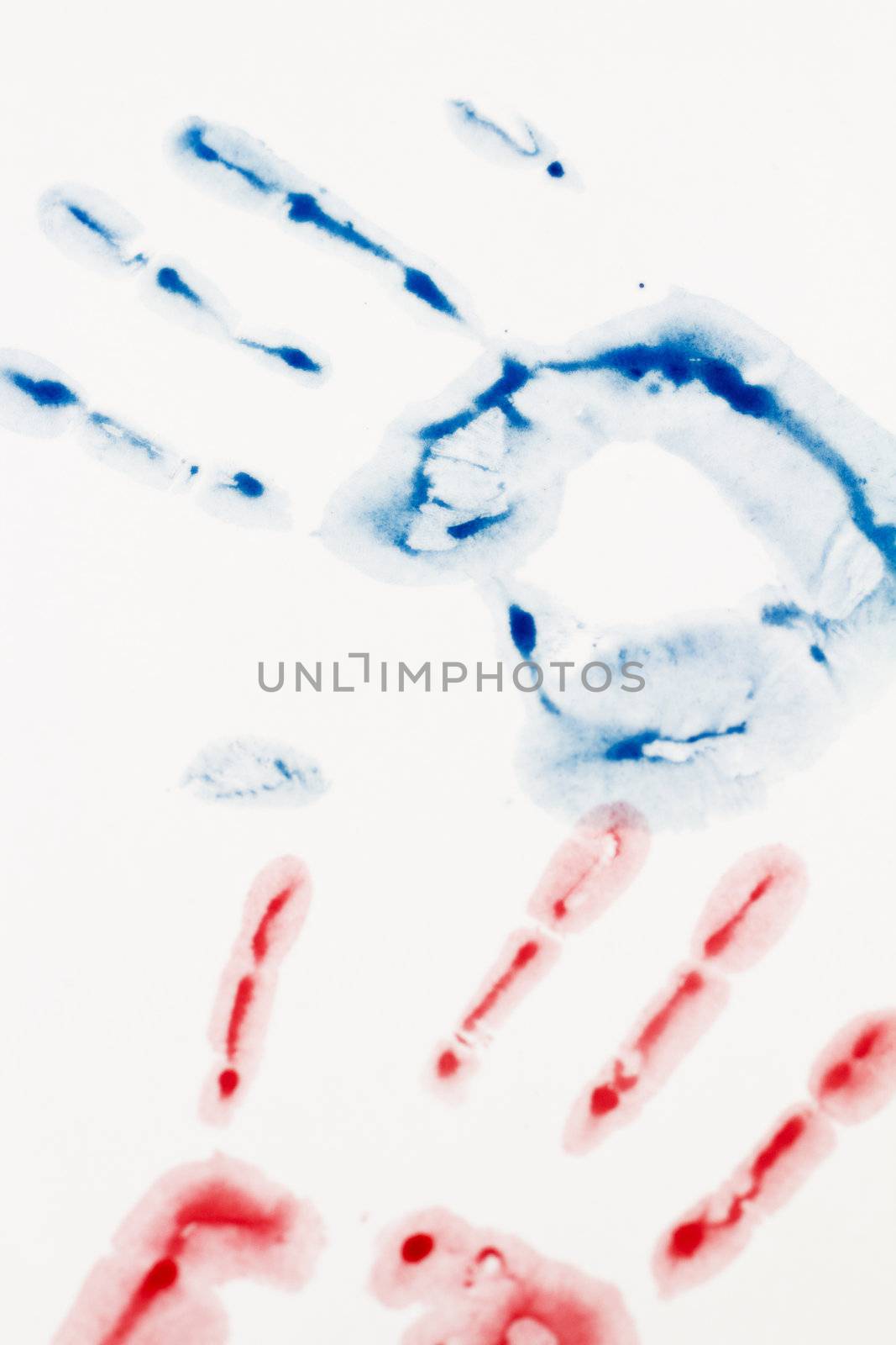 Blue and red hand-print shape over white background