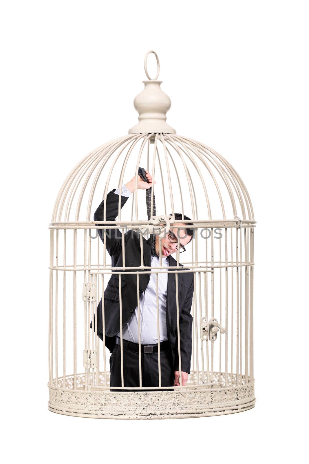 suicidal business man locked in a cage