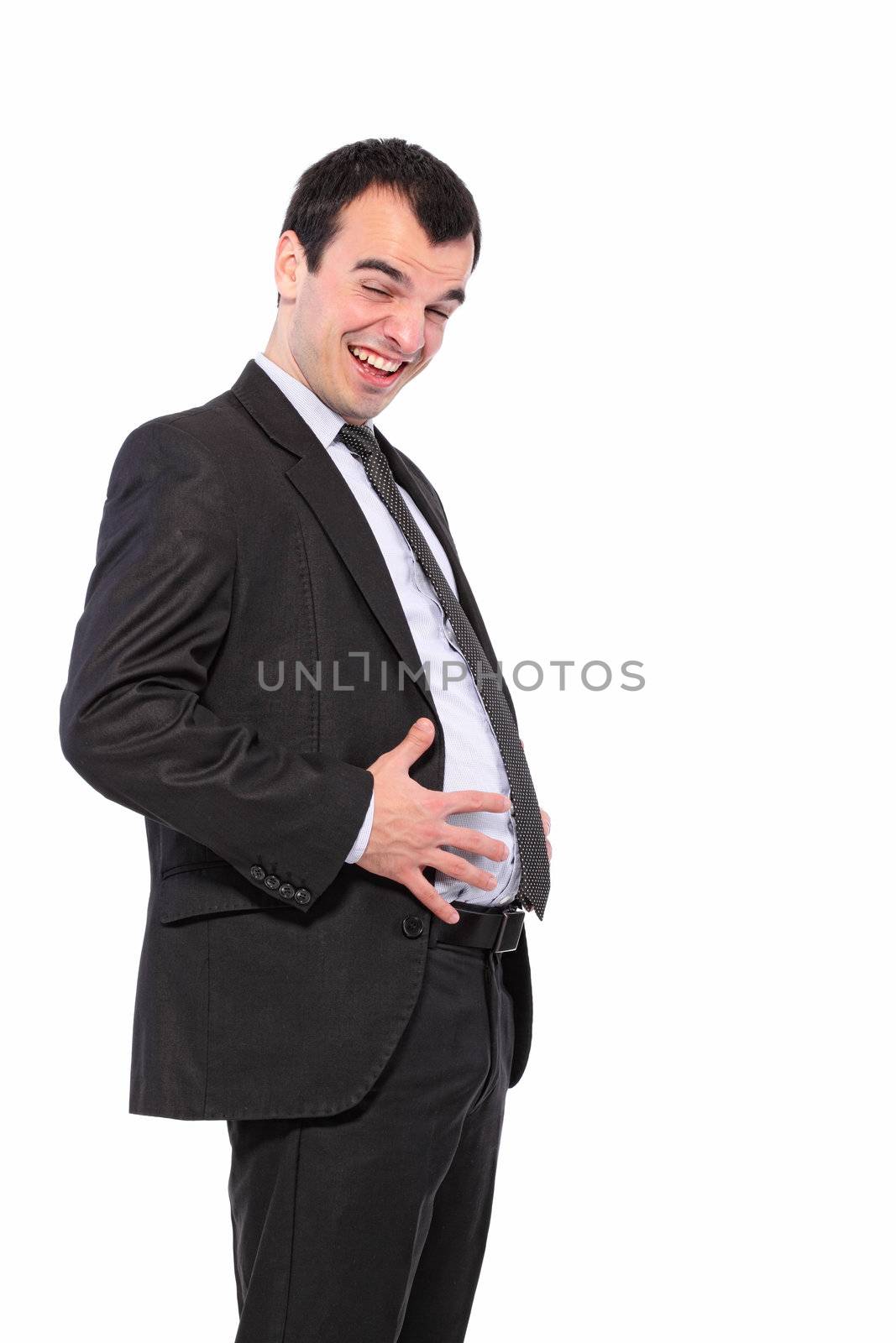 fat businessman touching his stomach with a gesture on his face, isolated on white